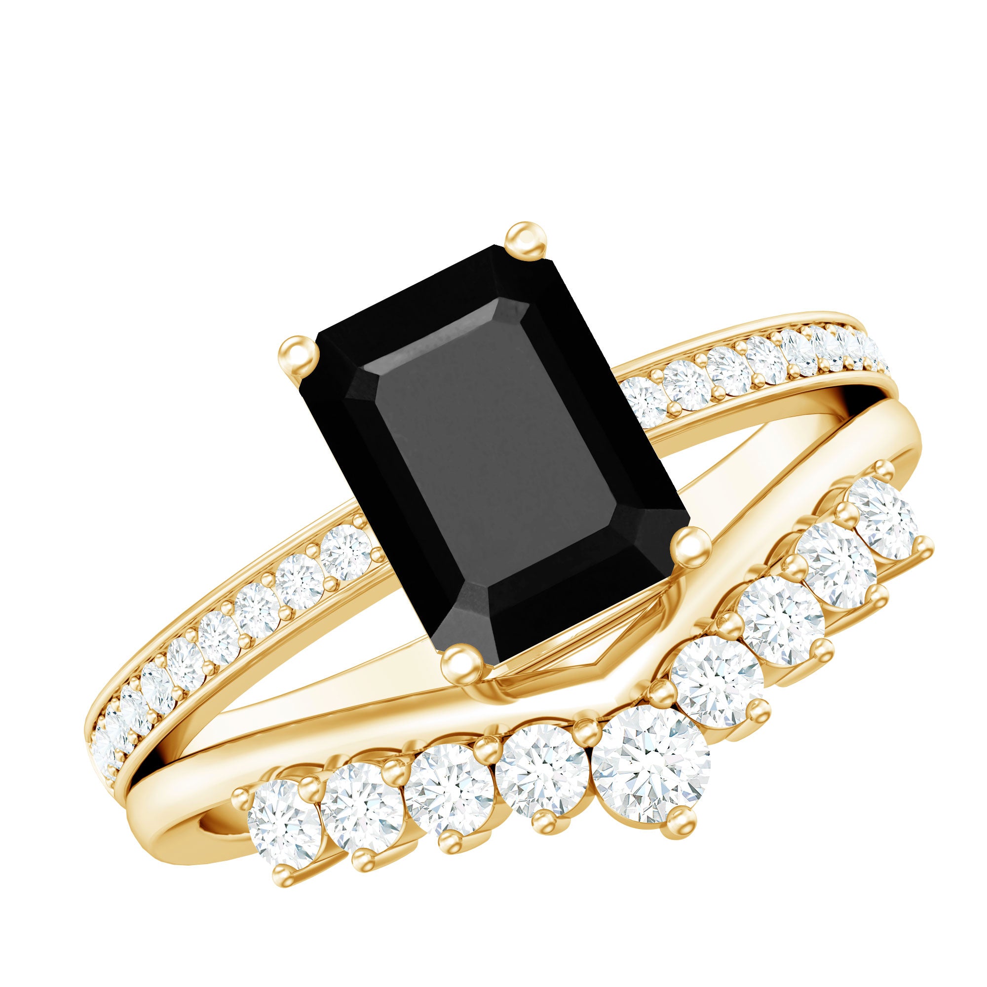 Emerald Cut Created Black Diamond and Diamond Engagement Ring Set AAAA ( Synthetic ) - Rosec Jewels