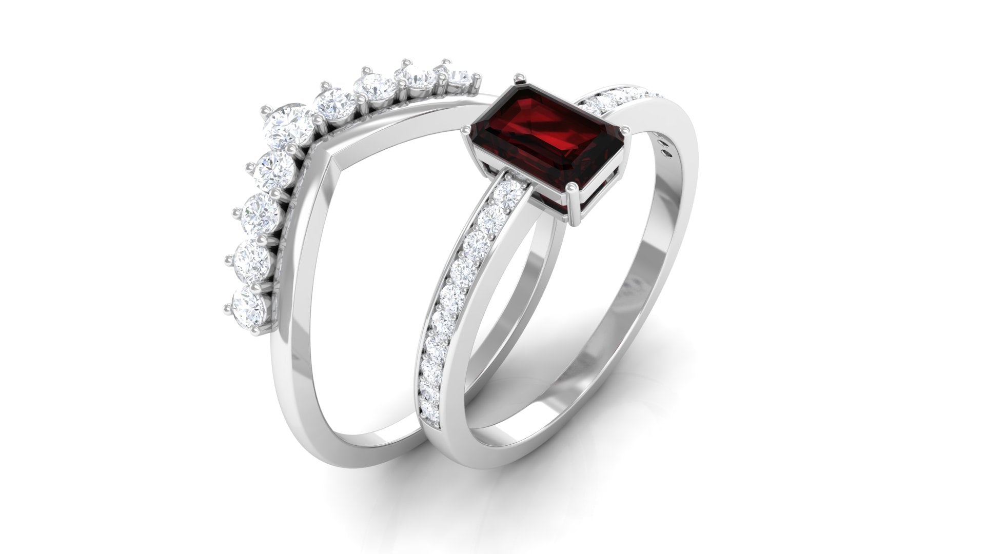 Rosec Jewels-Natural Garnet Emerald Cut Engagement Ring With Diamond Wedding Band