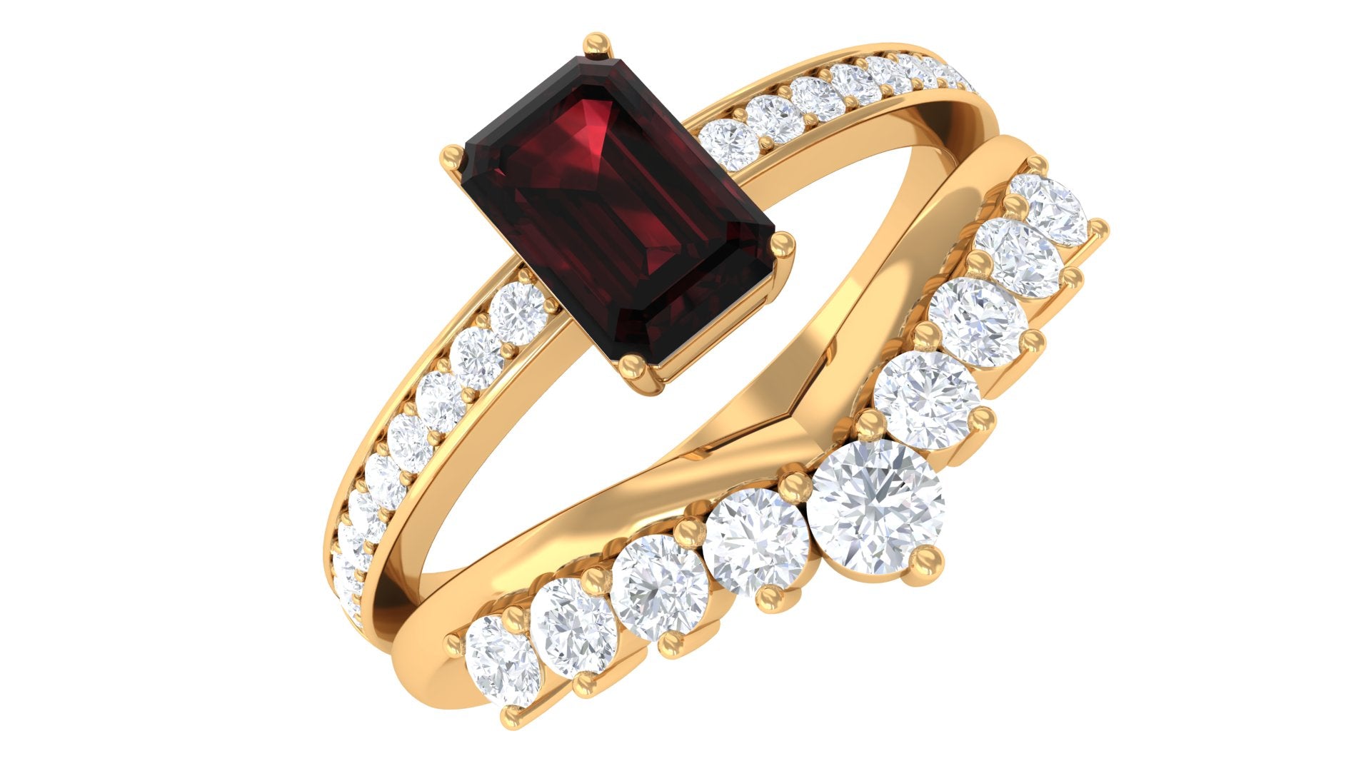 Rosec Jewels-Natural Garnet Emerald Cut Engagement Ring With Diamond Wedding Band