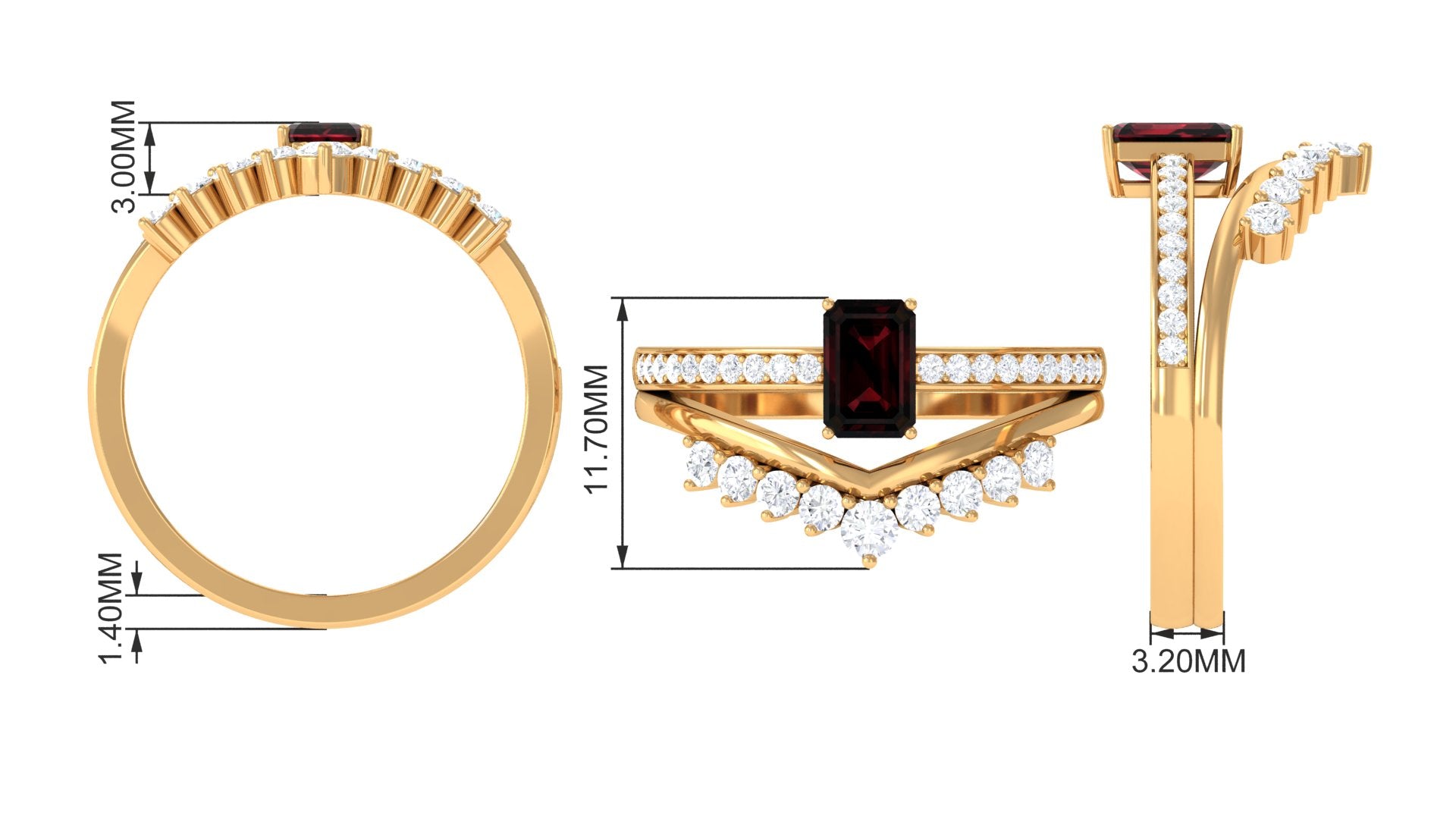 Rosec Jewels-Natural Garnet Emerald Cut Engagement Ring With Diamond Wedding Band