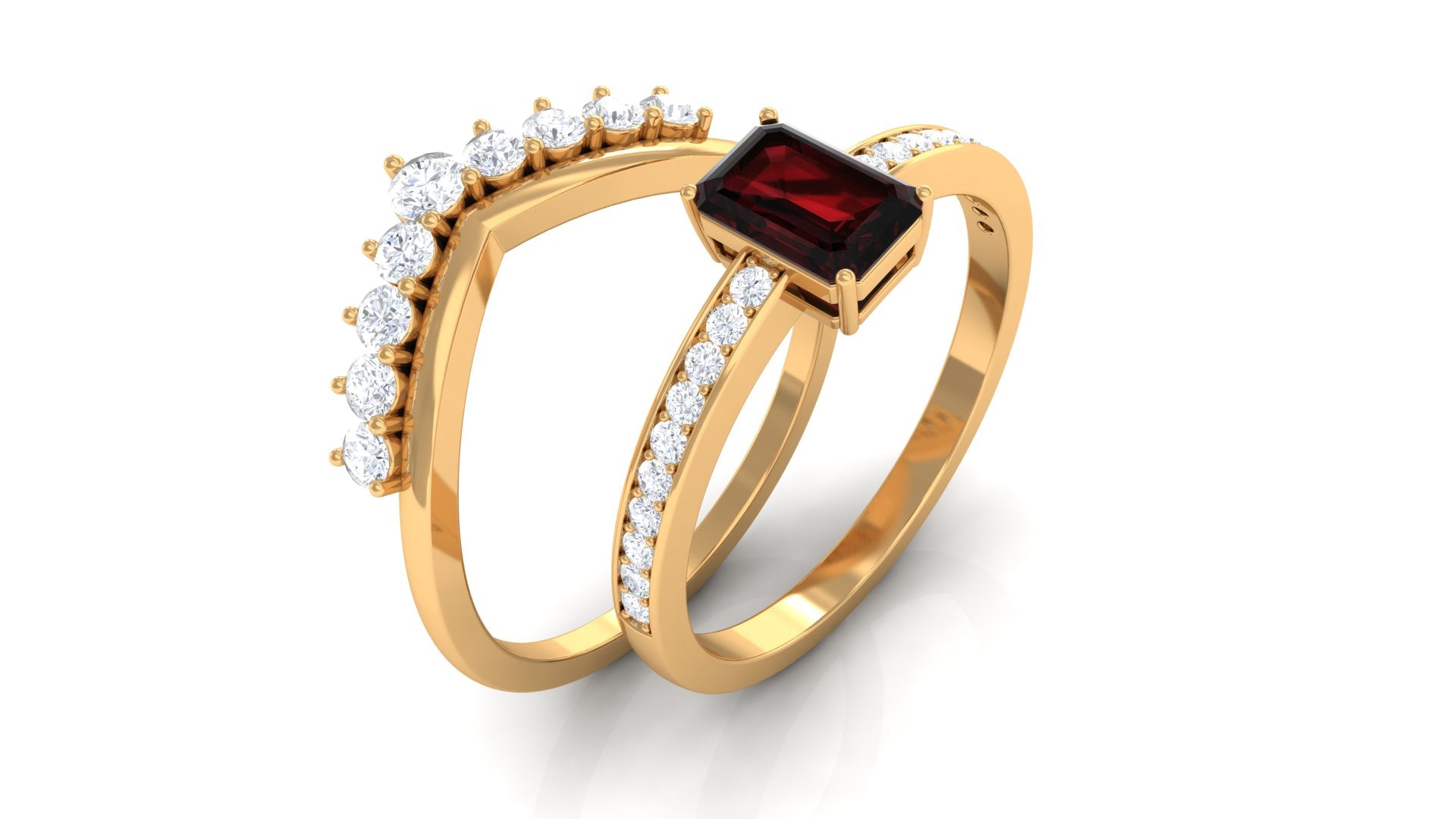 Rosec Jewels-Natural Garnet Emerald Cut Engagement Ring With Diamond Wedding Band