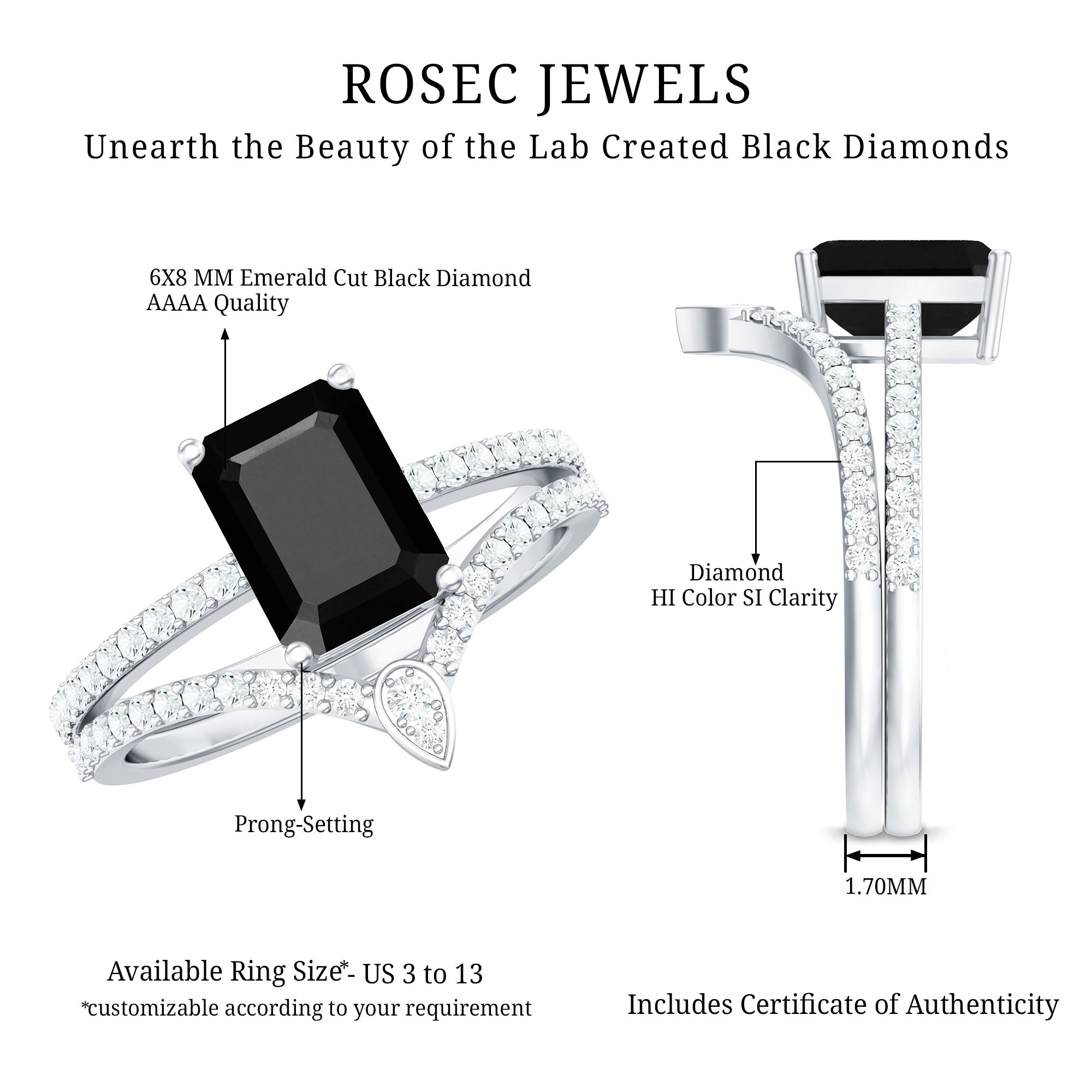 1.6 Carat Emerald Cut Lab Grown Black and White Diamond Wedding Ring Set for Women AAAA ( Synthetic ) - Rosec Jewels