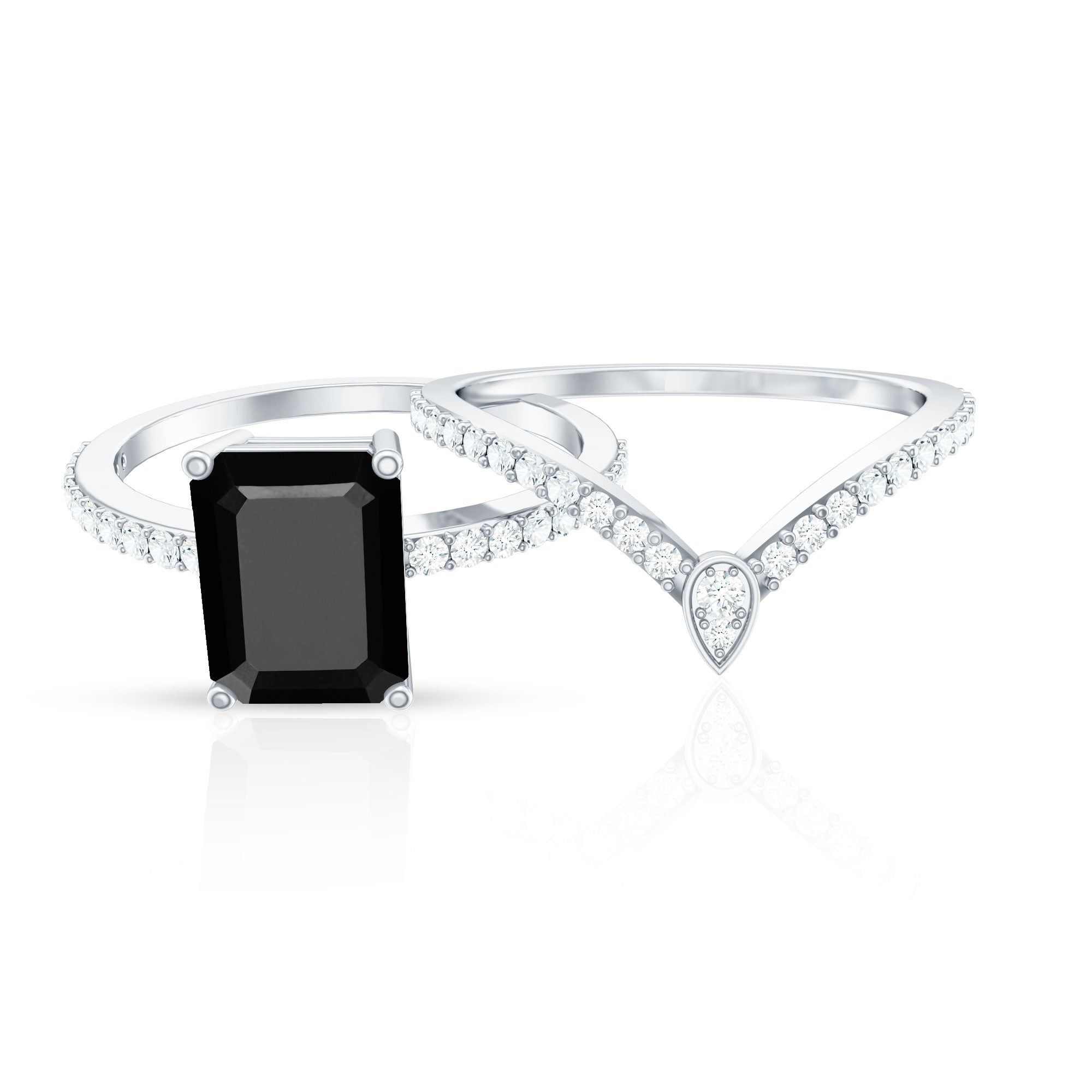 1.6 Carat Emerald Cut Lab Grown Black and White Diamond Wedding Ring Set for Women AAAA ( Synthetic ) - Rosec Jewels