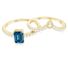 Genuine London Blue Topaz Emerald Cut Engagement Ring Set with Diamond Band AAA - Rosec Jewels