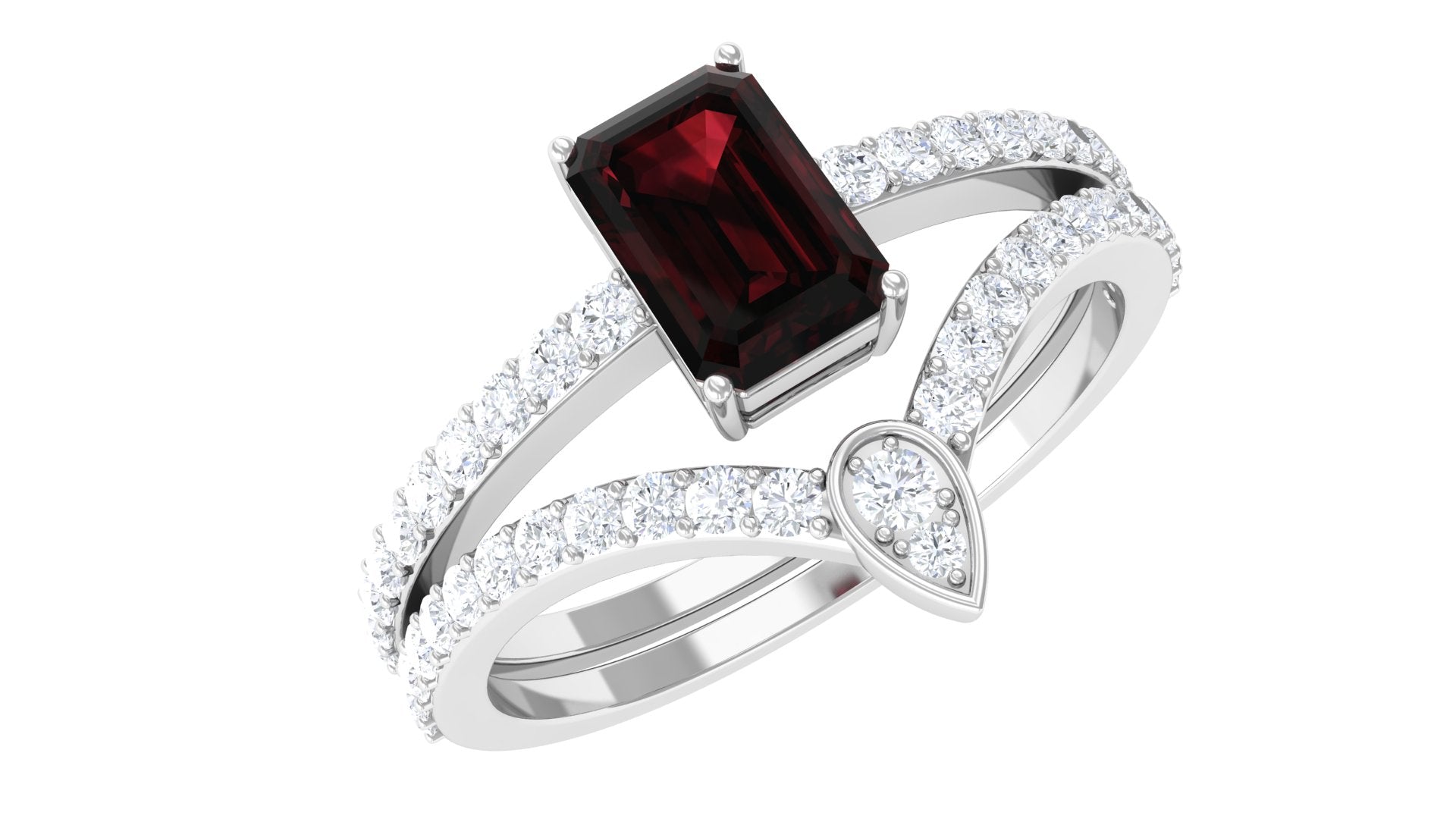 Rosec Jewels-Real Garnet Diamond Emerald Cut Wedding Bridal Ring Set of 2