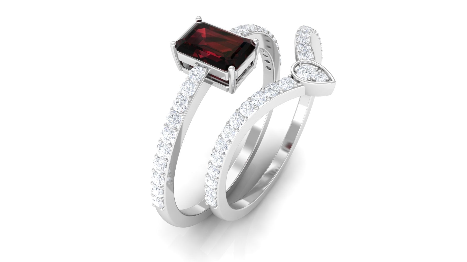 Rosec Jewels-Real Garnet Diamond Emerald Cut Wedding Bridal Ring Set of 2