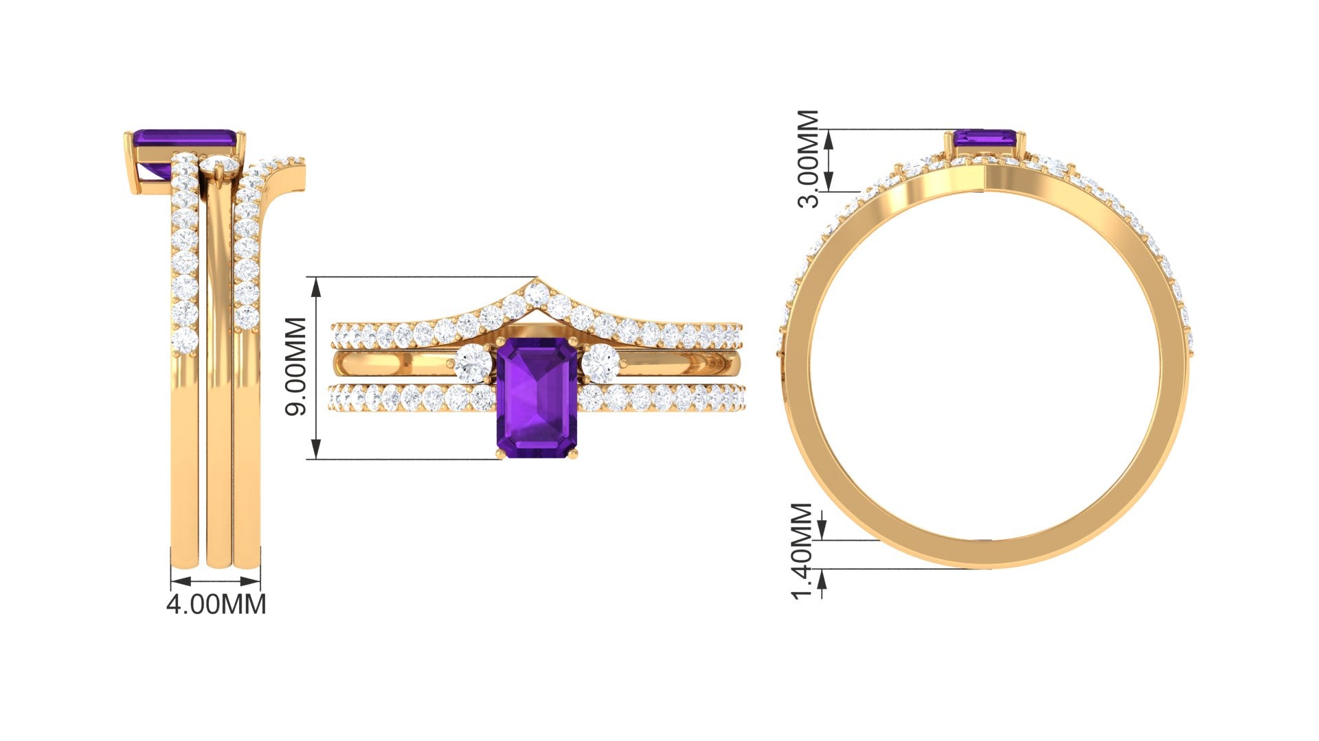 Rosec Jewels-Natural 1.4 Carat Emerald Cut Amethyst Diamond 3 Piece Bridal Ring Set