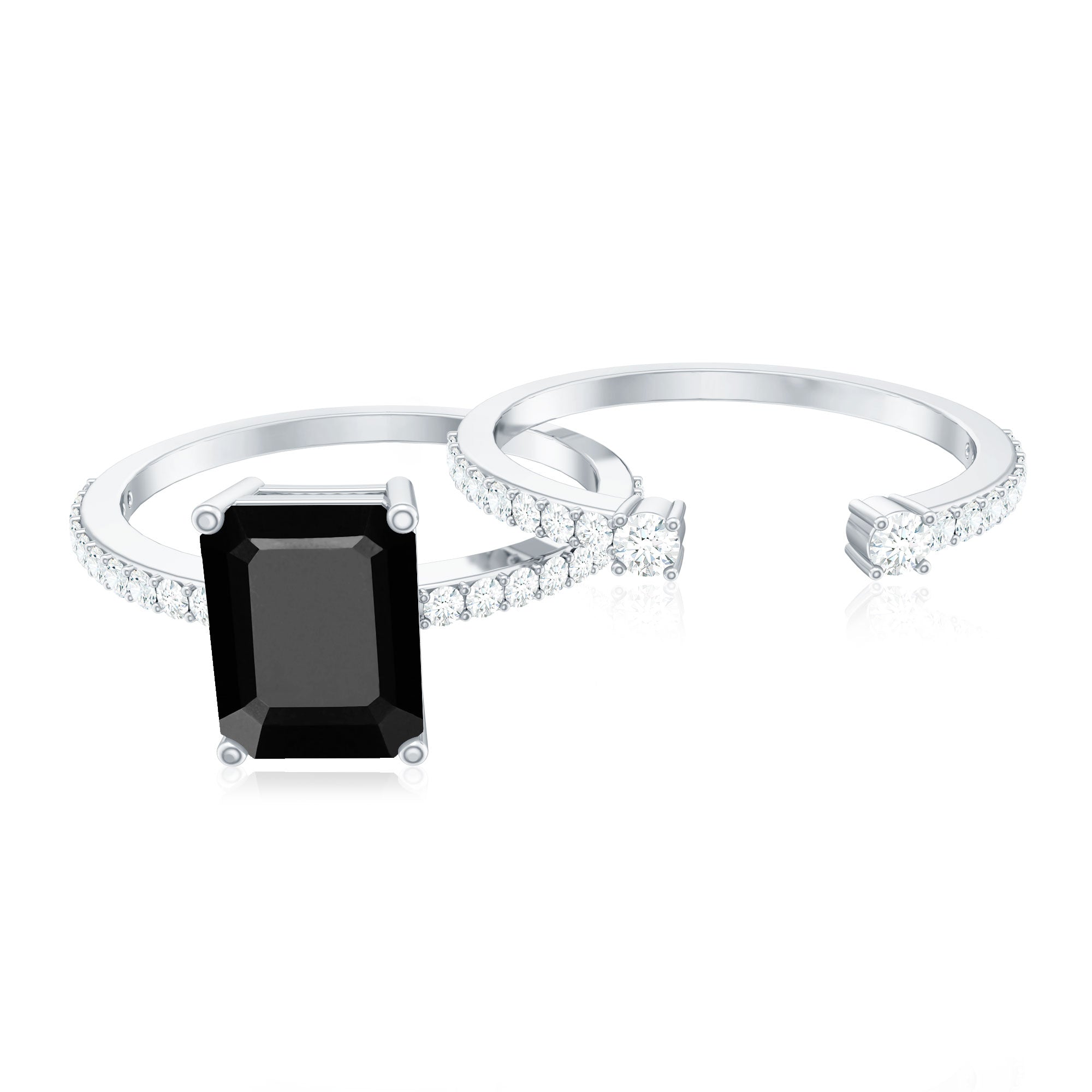 Emerald Cut Created Black Diamond Engagement Ring Set with Diamond AAAA ( Synthetic ) - Rosec Jewels