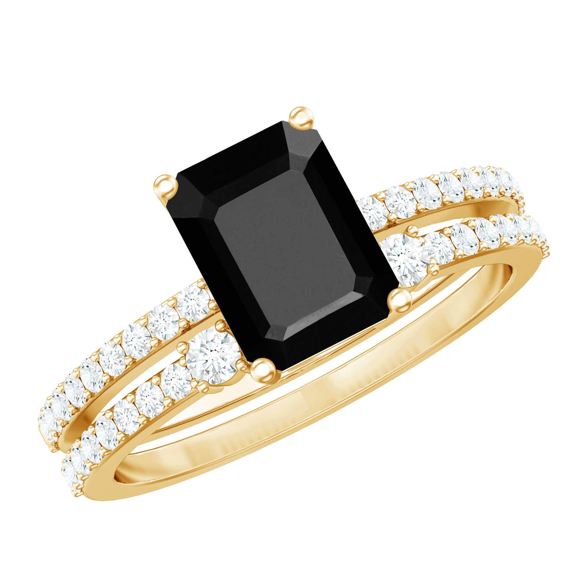 Emerald Cut Created Black Diamond Engagement Ring Set with Diamond AAAA ( Synthetic ) - Rosec Jewels