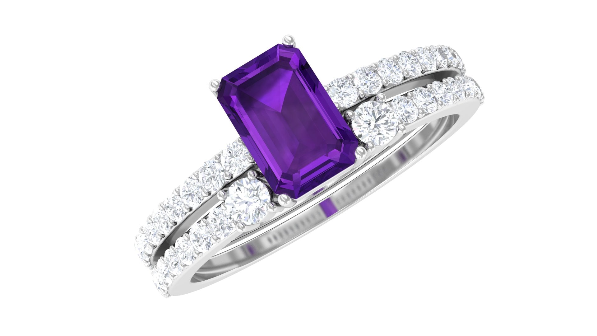 Certified Real 1.4 Carat Emerald Cut Amethyst Wedding Bridal Ring Set with Diamond AAA - Rosec Jewels