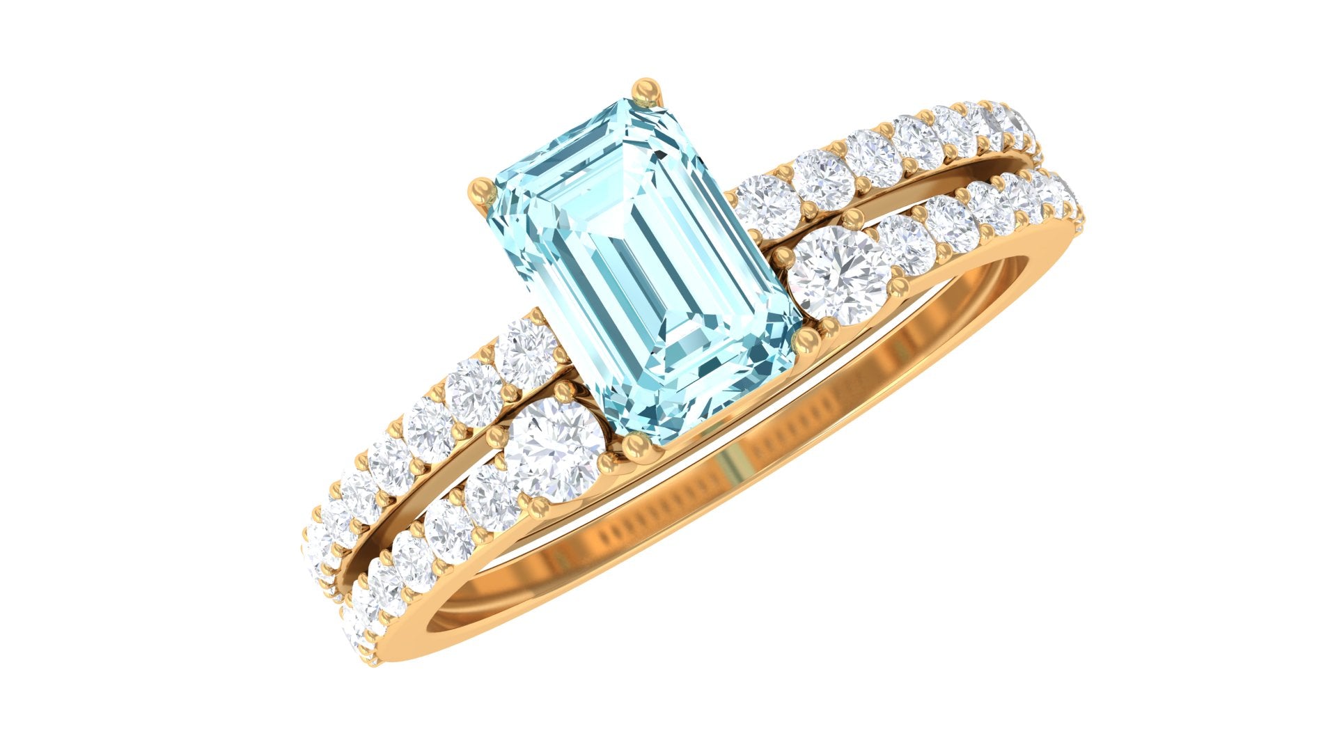 Rosec Jewels-Natural 0.6 Carat Aquamarine and Diamond Emerald Cut Bridal Ring Set