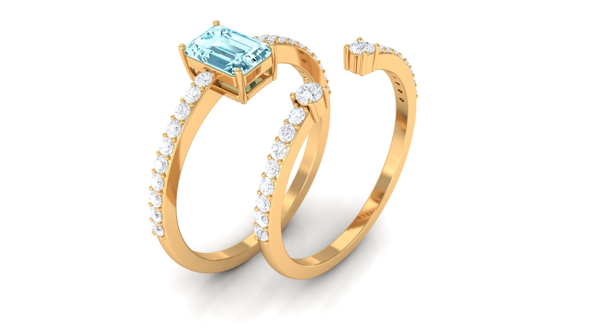 Rosec Jewels-Natural 0.6 Carat Aquamarine and Diamond Emerald Cut Bridal Ring Set