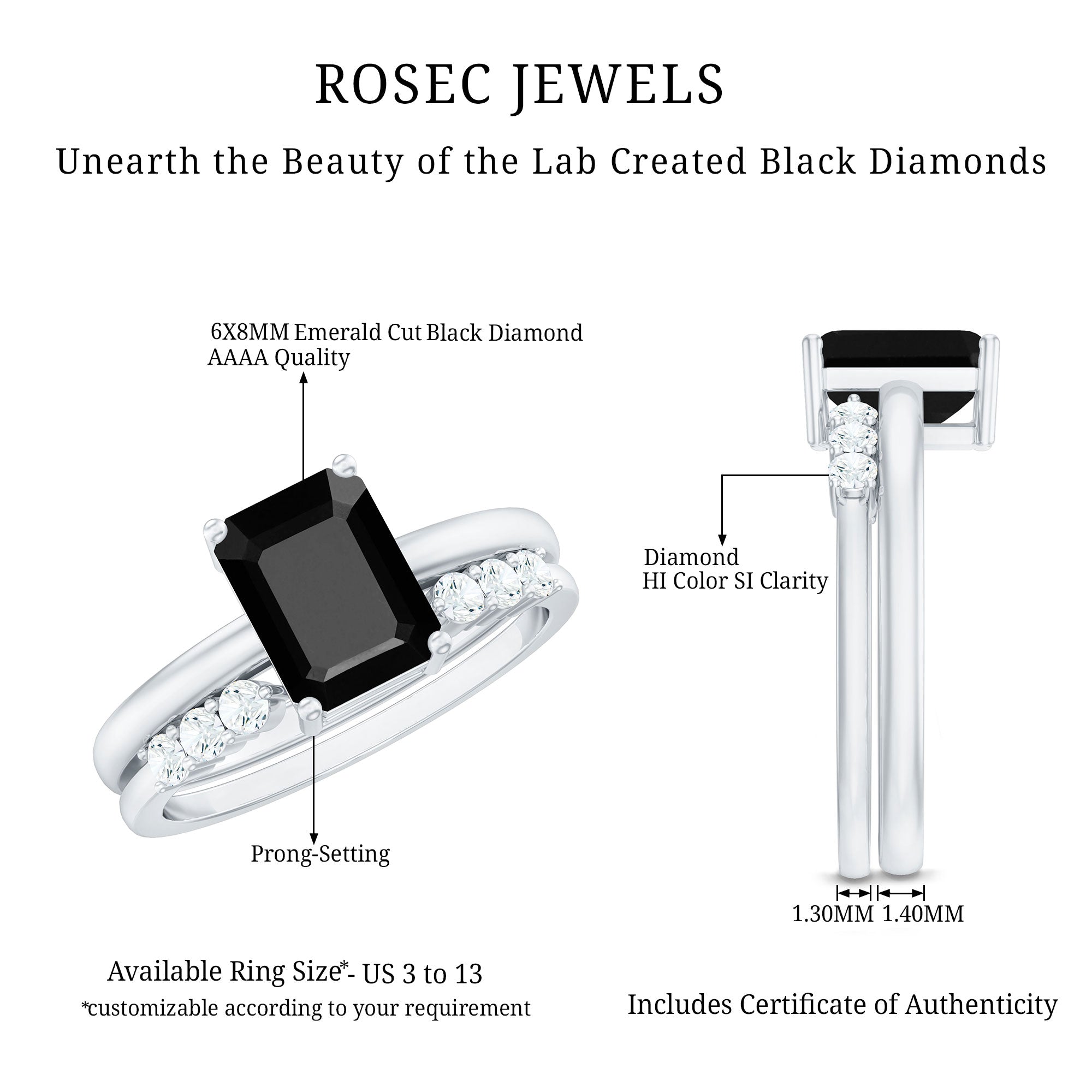 Certified 1.6 Carat Lab Grown Black Diamond Emerald Engagement Ring with White Diamond Enhancer AAAA ( Synthetic ) - Rosec Jewels