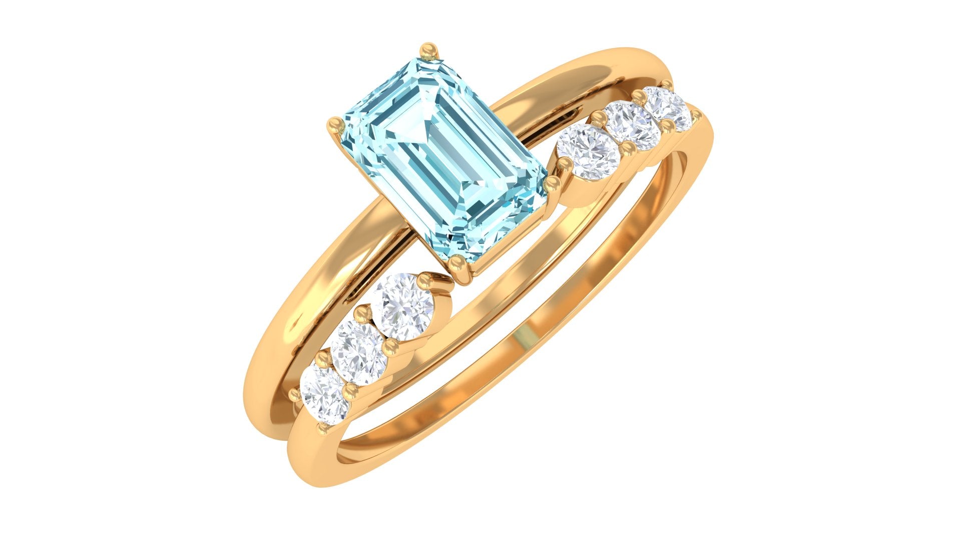 Rosec Jewels-Solitaire 4X6MM Aquamarine and Diamond Emerald Cut Stackable Ring Set