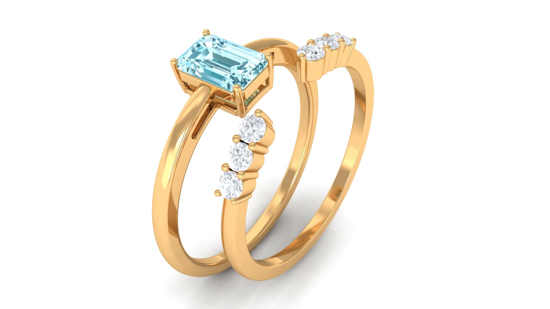 Rosec Jewels-Solitaire 4X6MM Aquamarine and Diamond Emerald Cut Stackable Ring Set