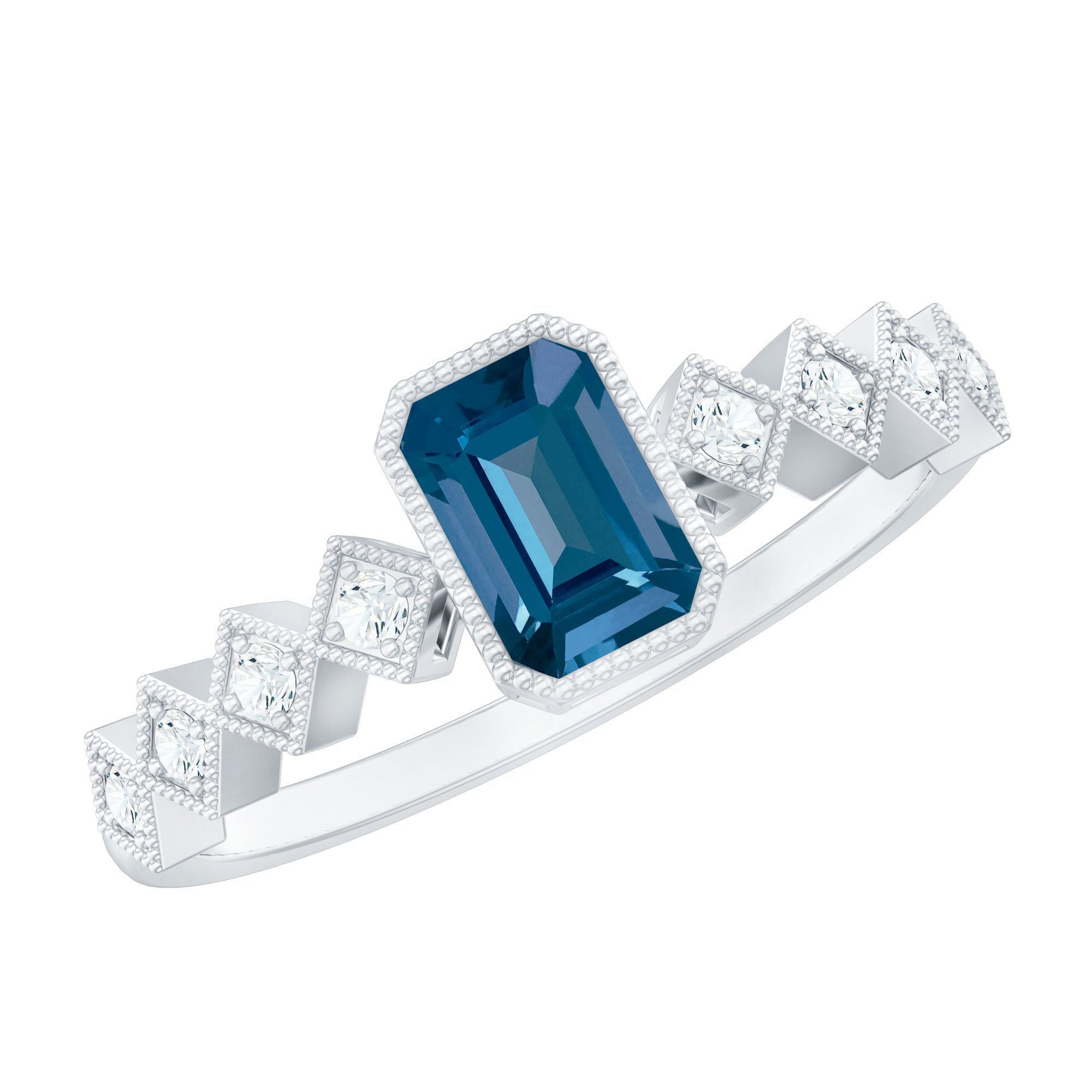 4X6mm Emerald Cut London Blue Topaz Engagement Ring with Beaded Details AAA - Rosec Jewels