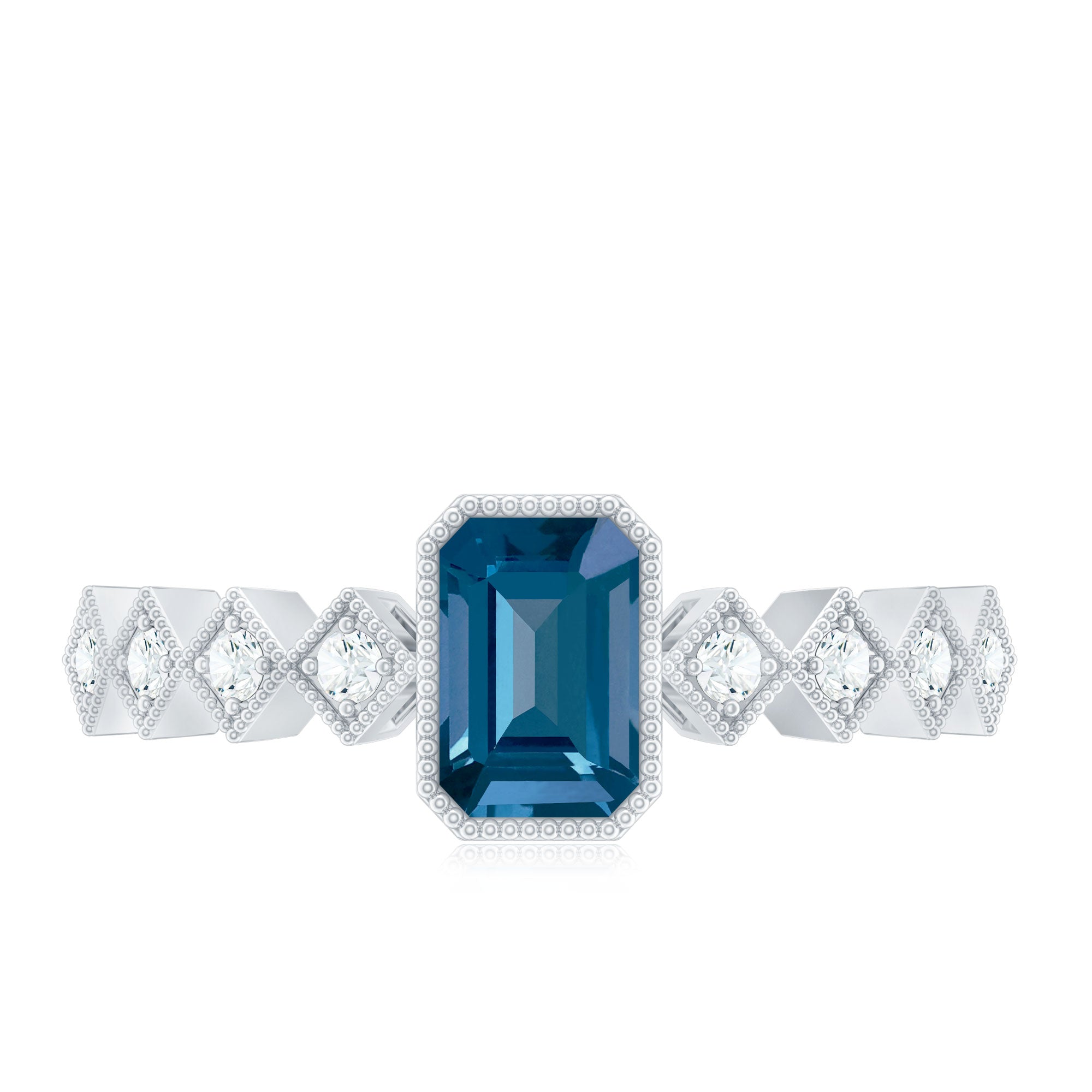 4X6mm Emerald Cut London Blue Topaz Engagement Ring with Beaded Details AAA - Rosec Jewels