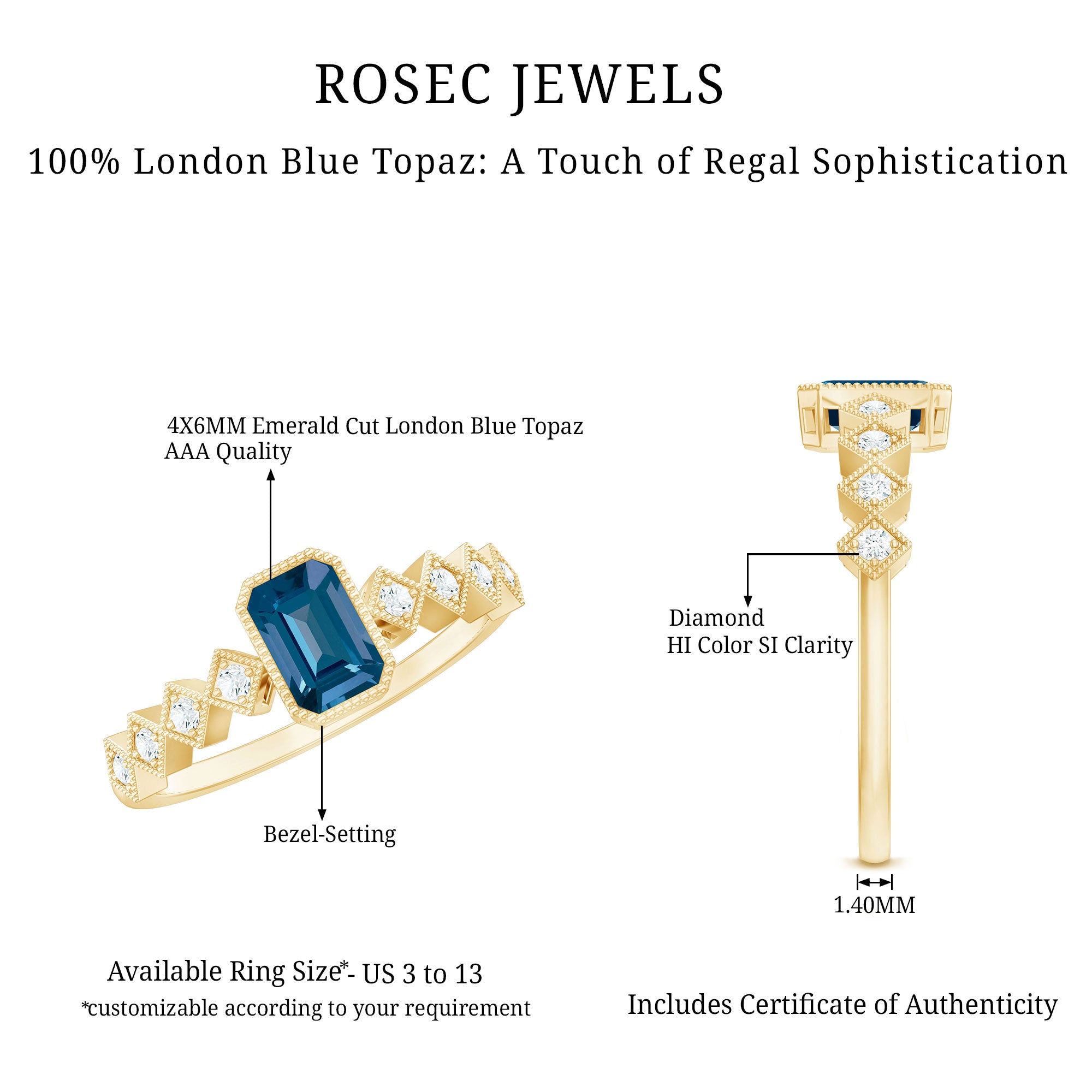 4X6mm Emerald Cut London Blue Topaz Engagement Ring with Beaded Details AAA - Rosec Jewels
