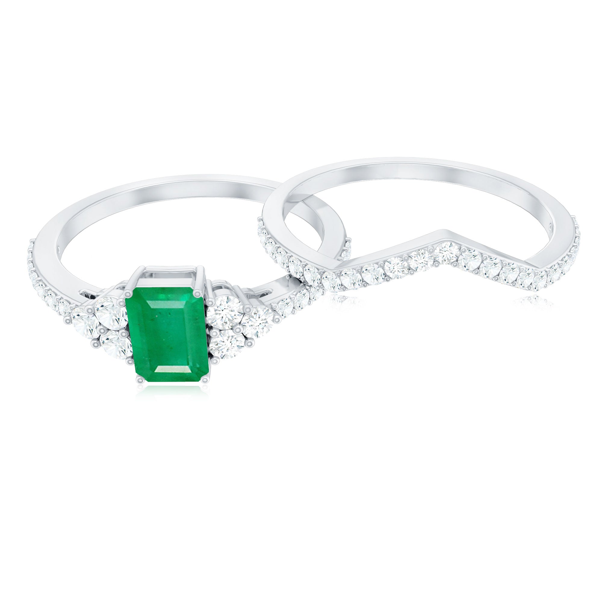 Rosec Jewels-Genuine Emerald Cut Emerald Diamond Bridal Ring Set of 2