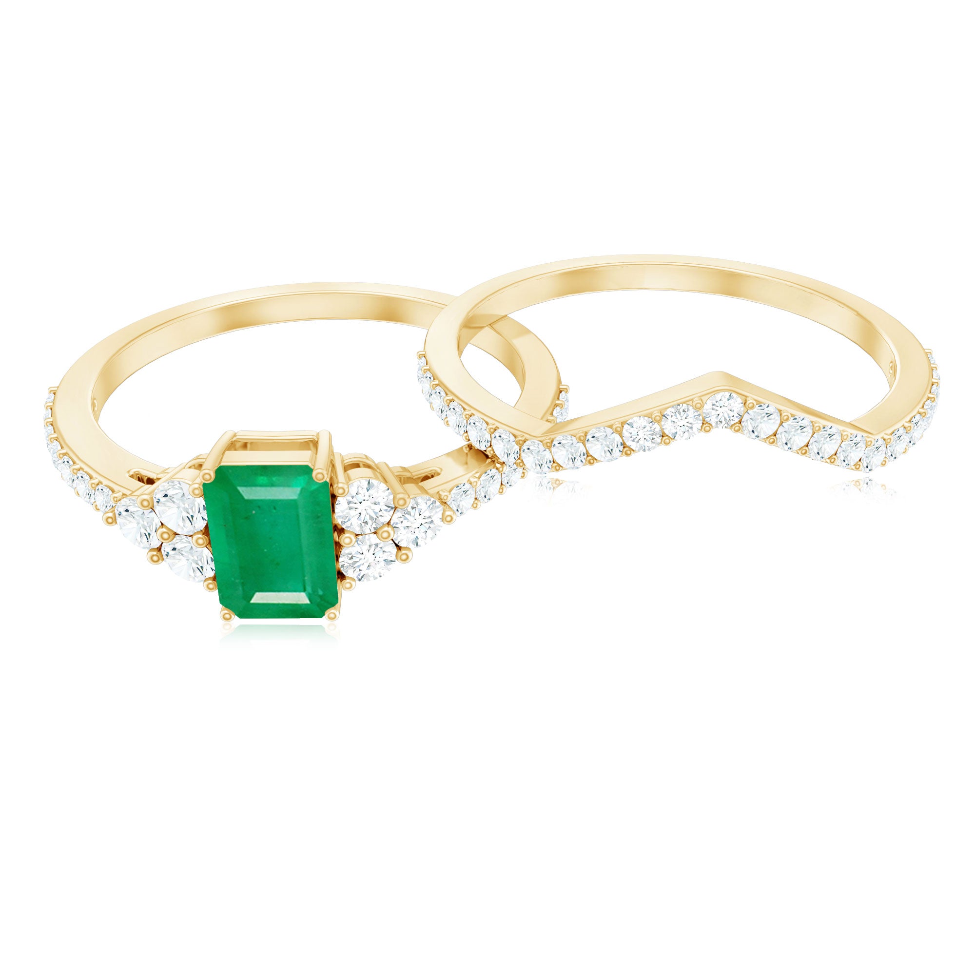 Rosec Jewels-Genuine Emerald Cut Emerald Diamond Bridal Ring Set of 2