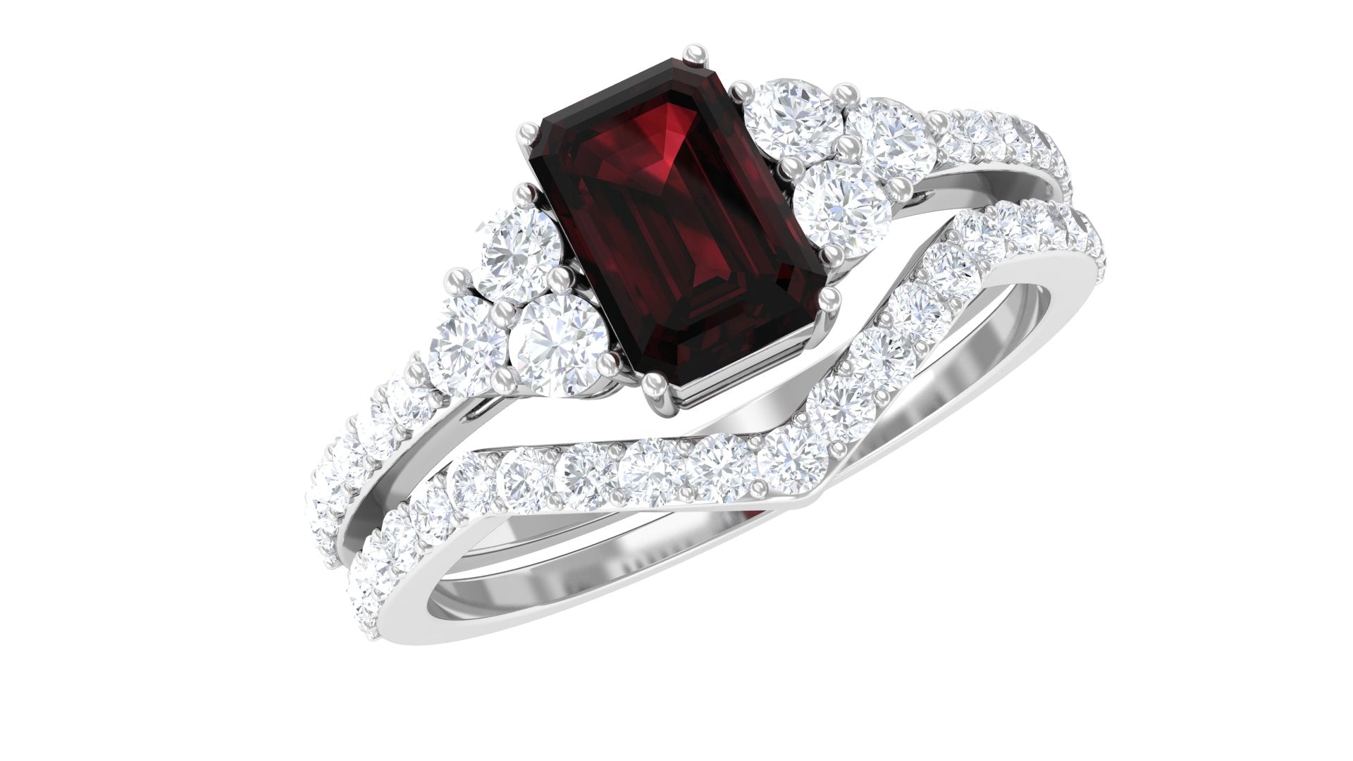 Rosec Jewels-Natural Garnet Diamond Emerald Cut Engagement Wedding Ring Set