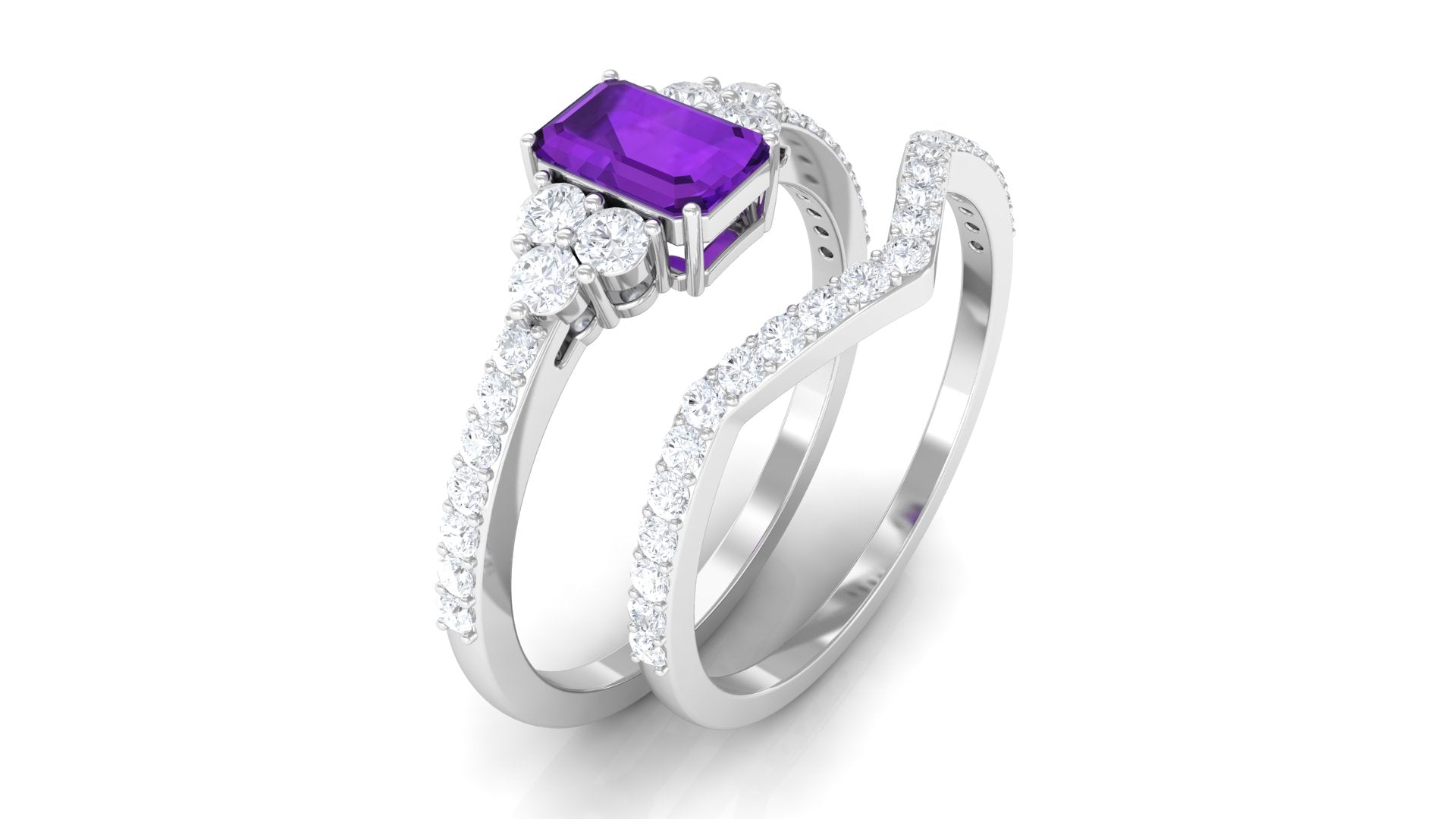 Rosec Jewels-Genuine 1.4 Carat Emerald Cut Amethyst Wedding Ring Set with Diamond