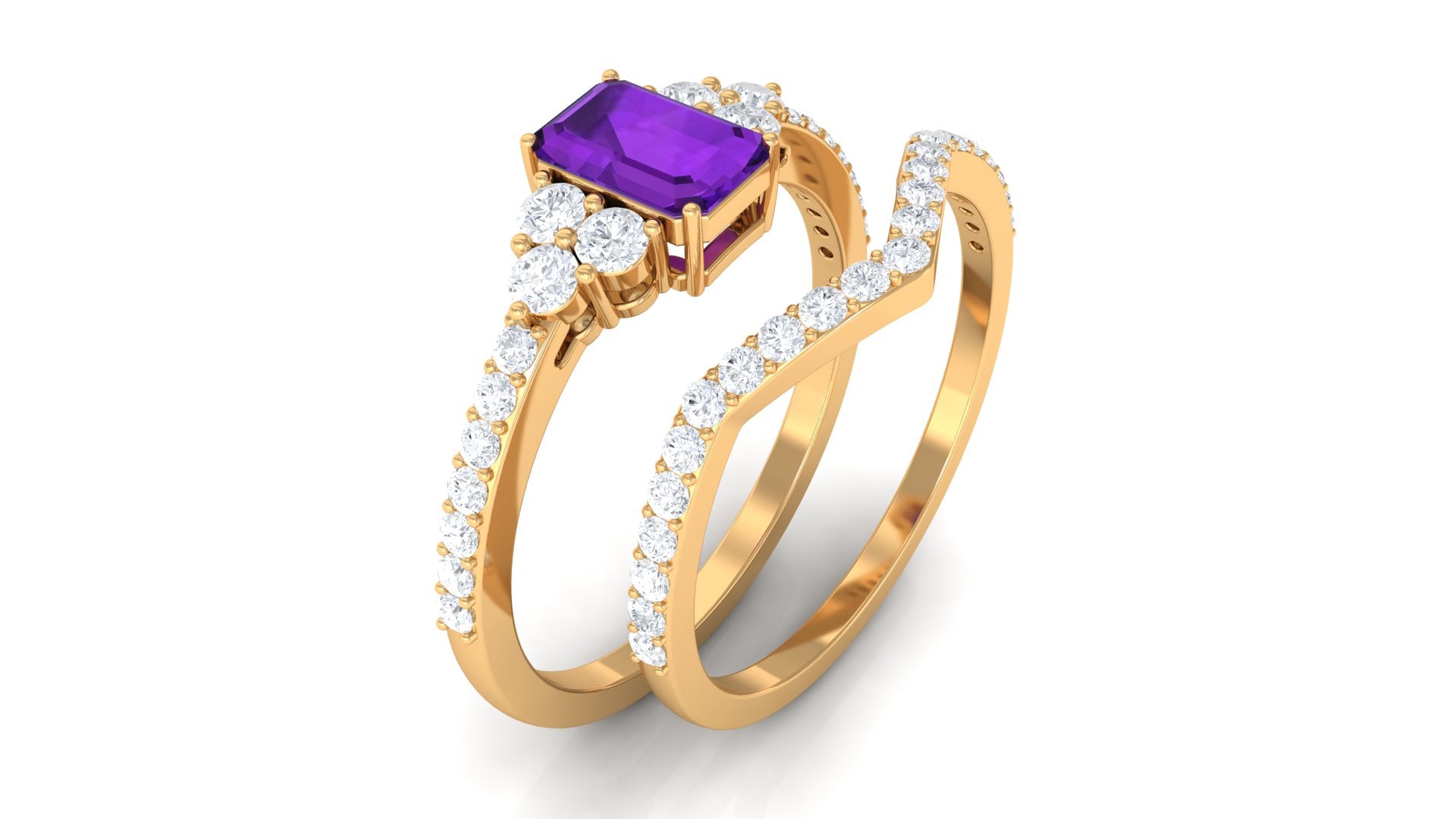 Rosec Jewels-Genuine 1.4 Carat Emerald Cut Amethyst Wedding Ring Set with Diamond
