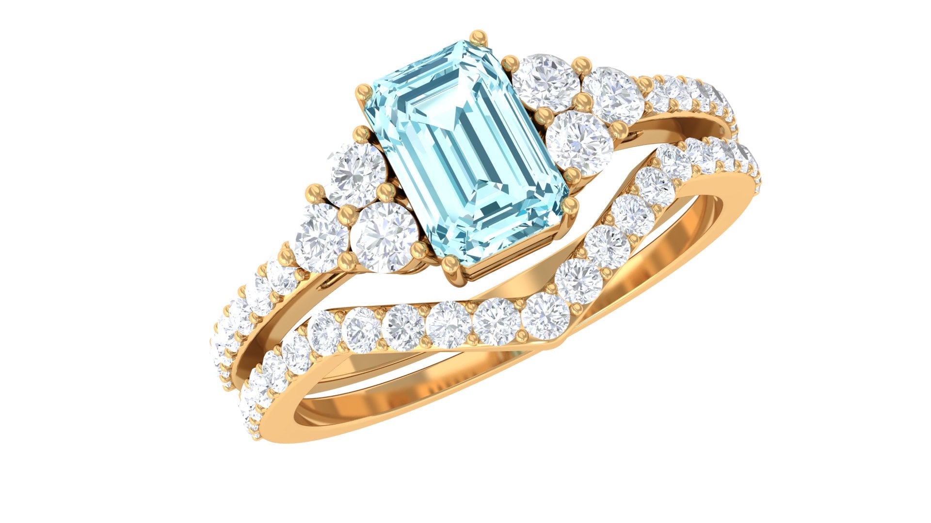 Rosec Jewels-Genuine Aquamarine and Diamond Emerald Cut Wedding Ring Set with Certificate