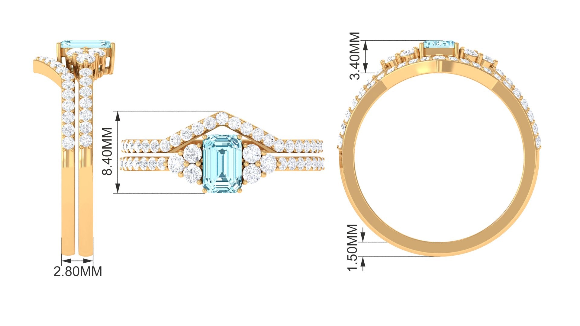 Rosec Jewels-Genuine Aquamarine and Diamond Emerald Cut Wedding Ring Set with Certificate