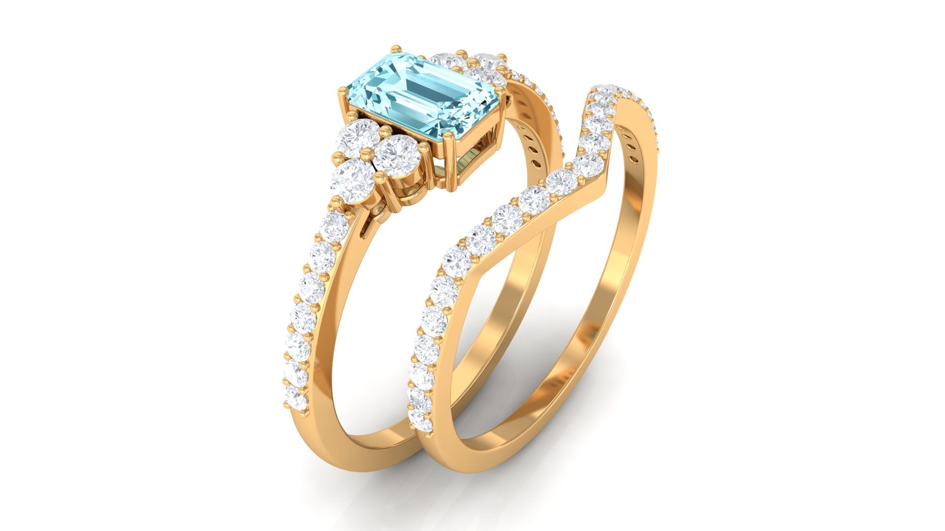 Rosec Jewels-Genuine Aquamarine and Diamond Emerald Cut Wedding Ring Set with Certificate