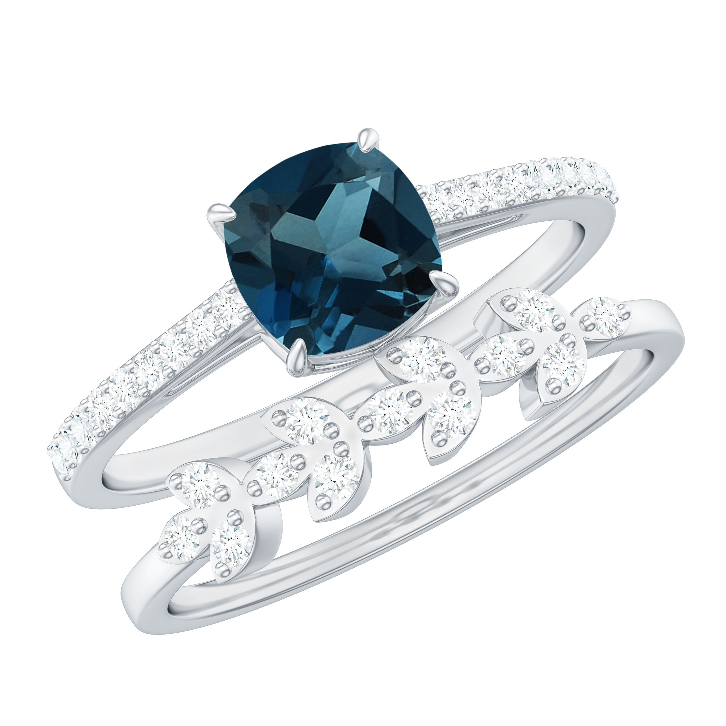 8mm Cushion Cut London Blue Topaz and Diamond Engagement Ring with Wedding Band AAA - Rosec Jewels