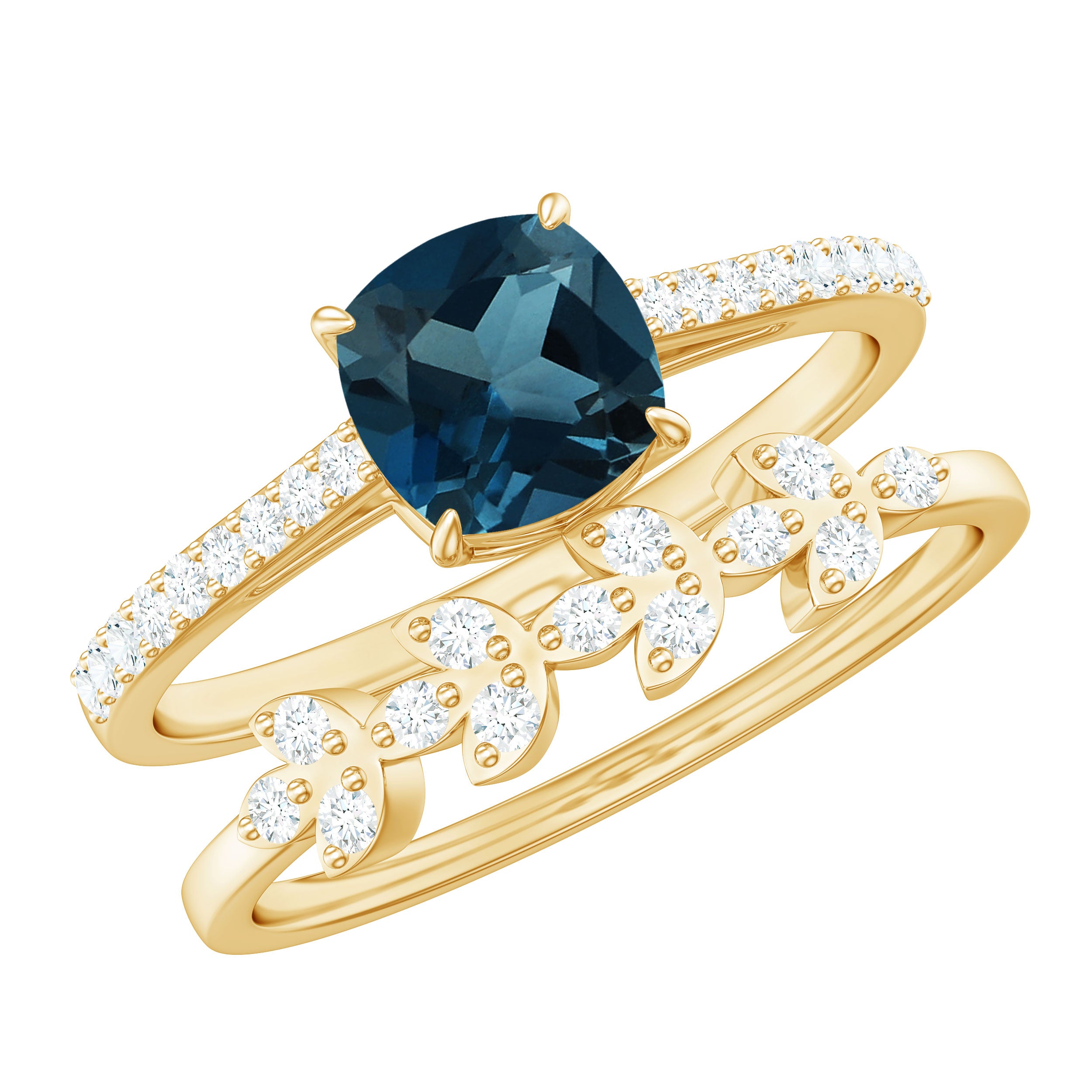 8mm Cushion Cut London Blue Topaz and Diamond Engagement Ring with Wedding Band AAA - Rosec Jewels