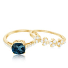 8mm Cushion Cut London Blue Topaz and Diamond Engagement Ring with Wedding Band AAA - Rosec Jewels