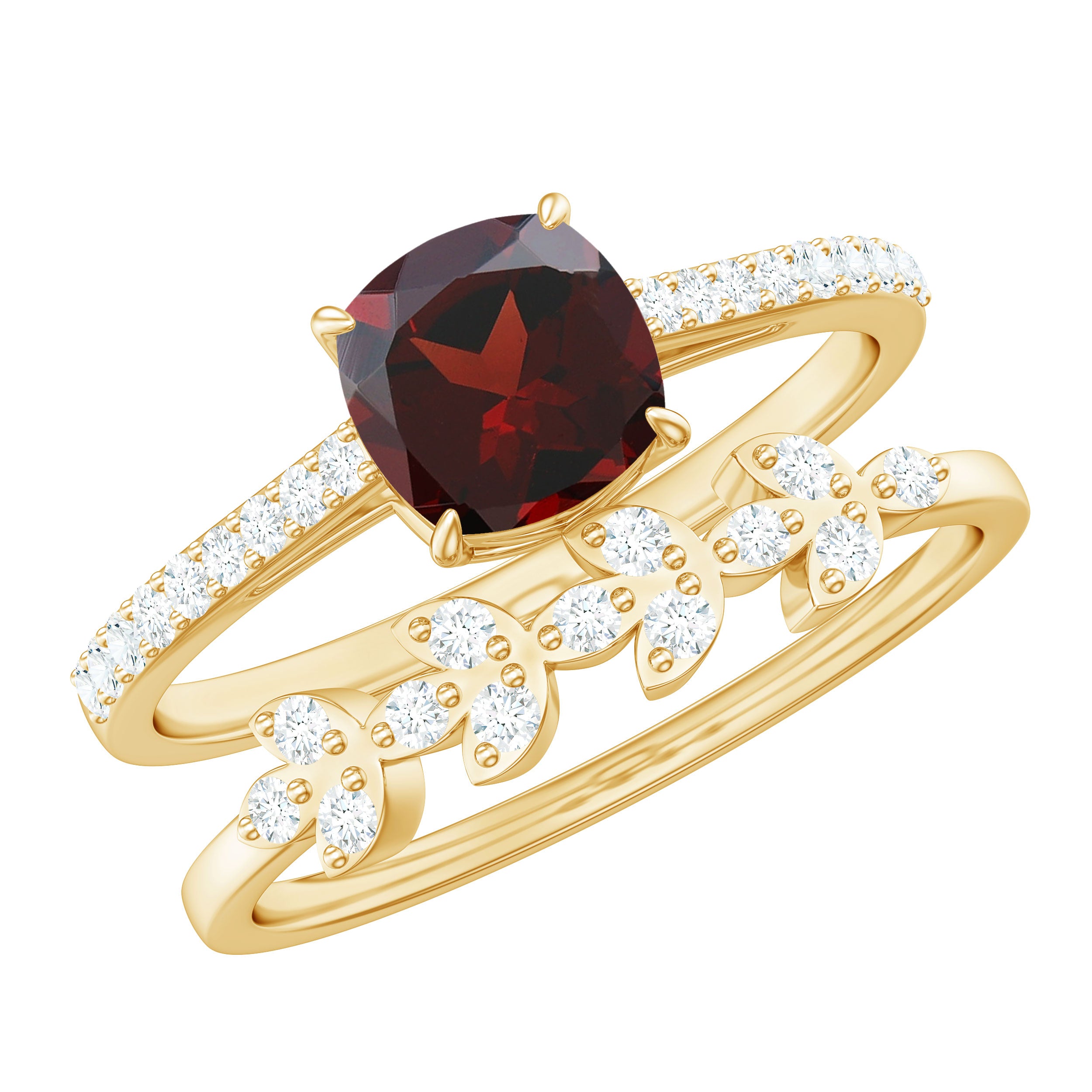 Rosec Jewels-Natural Cushion Cut Garnet Diamond Wedding Bridal Ring Set of 2