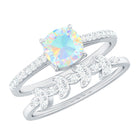 6 mm Cushion Cut Ethiopian Opal Solitaire Ring Set with Diamond Stackable Band AAA - Rosec Jewels