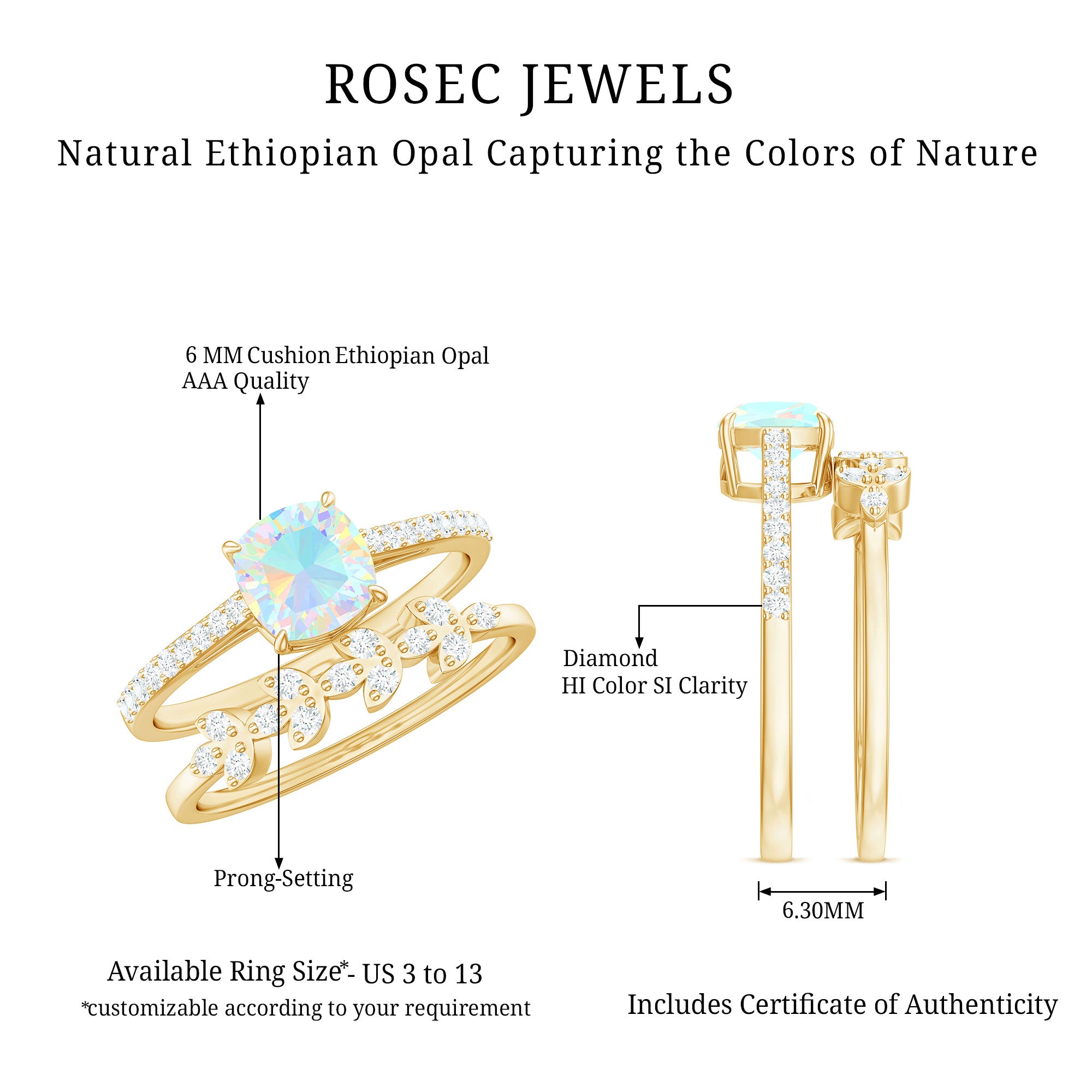 6 mm Cushion Cut Ethiopian Opal Solitaire Ring Set with Diamond Stackable Band AAA - Rosec Jewels