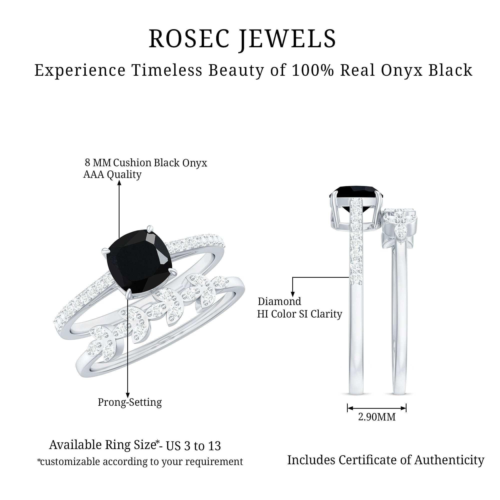 Cushion Cut Black Onyx and Diamond Engagement Ring with Leaf Wedding Band AAA - Rosec Jewels