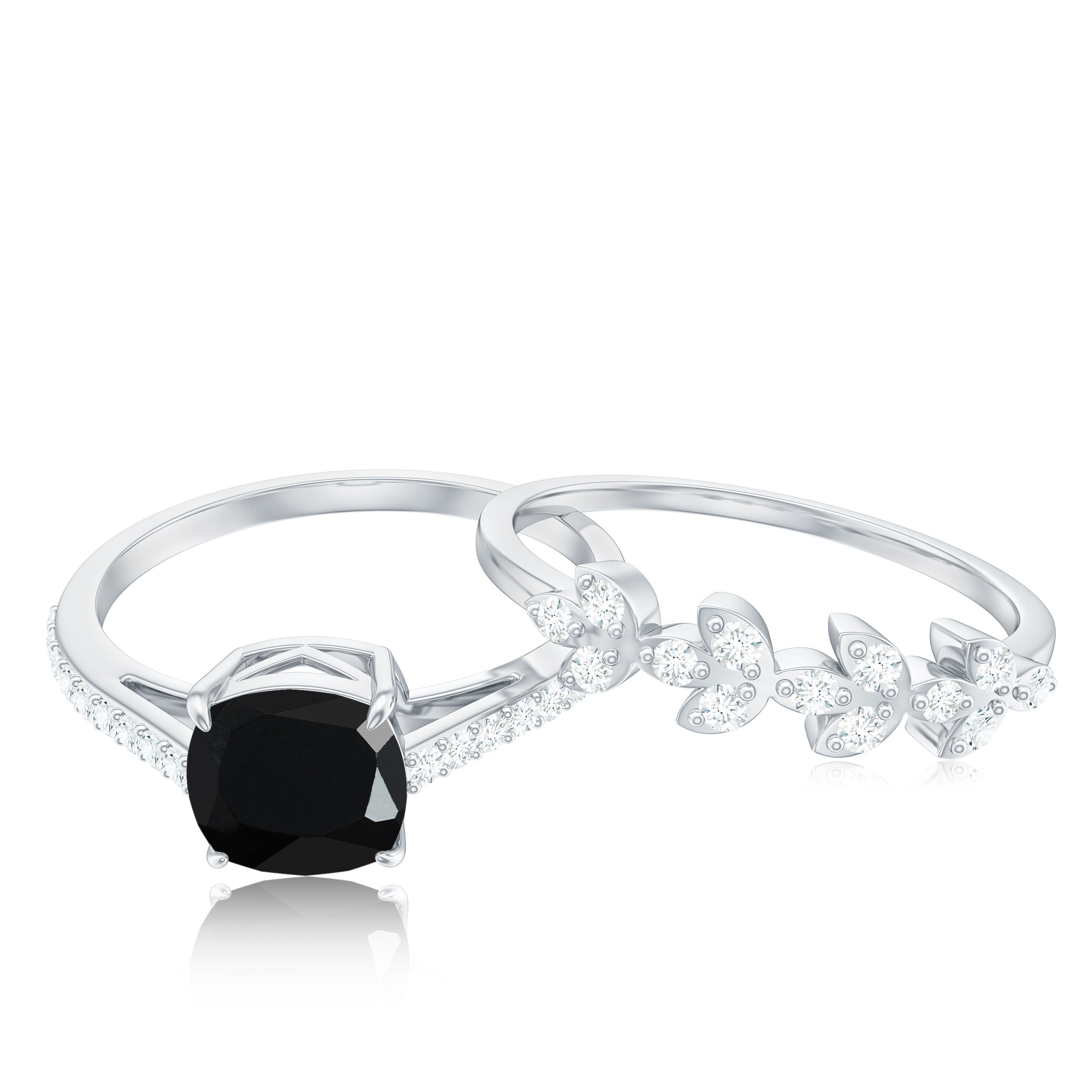 Cushion Cut Black Onyx and Diamond Engagement Ring with Leaf Wedding Band AAA - Rosec Jewels