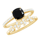 Cushion Cut Black Onyx and Diamond Engagement Ring with Leaf Wedding Band AAA - Rosec Jewels