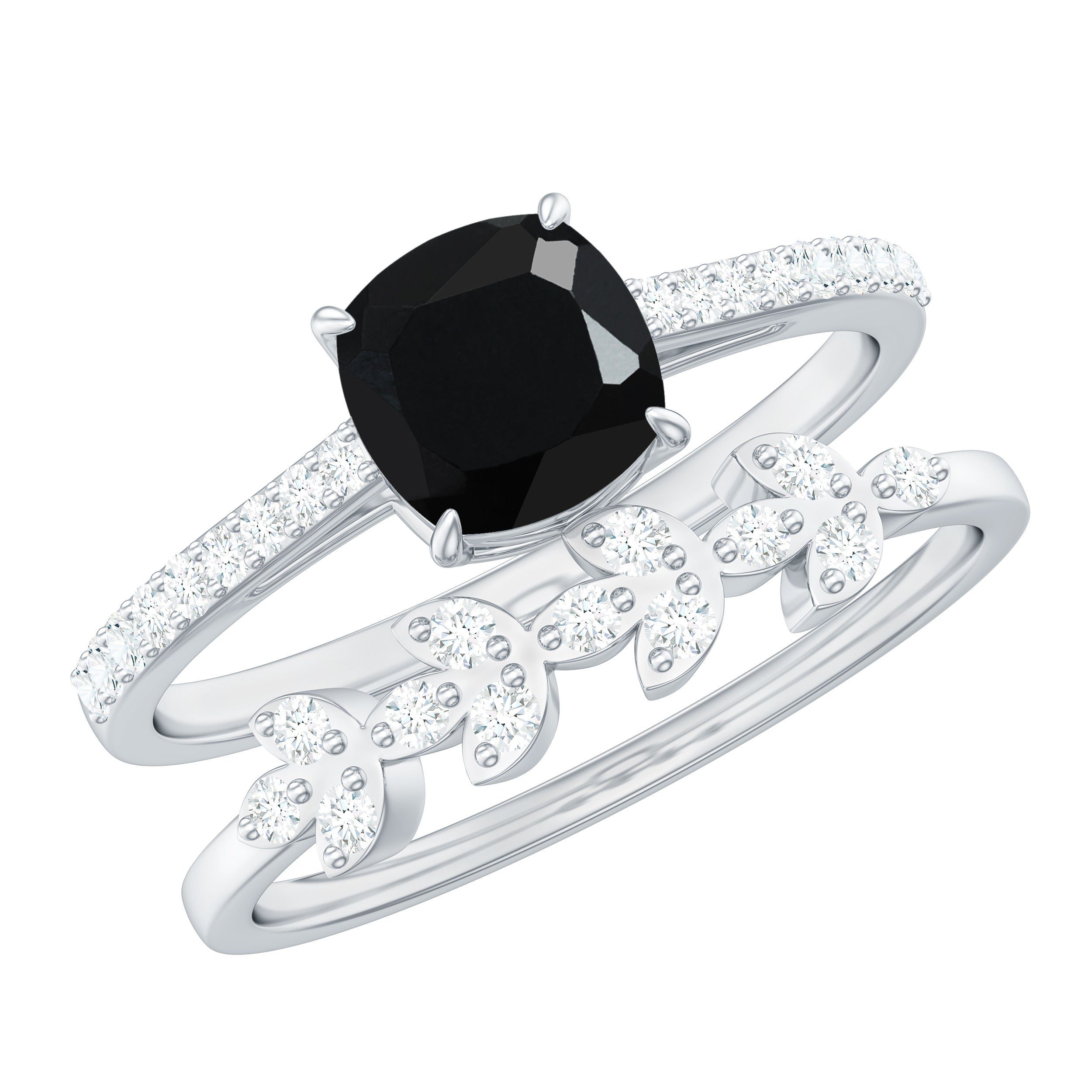 Black Spinel and Diamond Stackable Ring Set