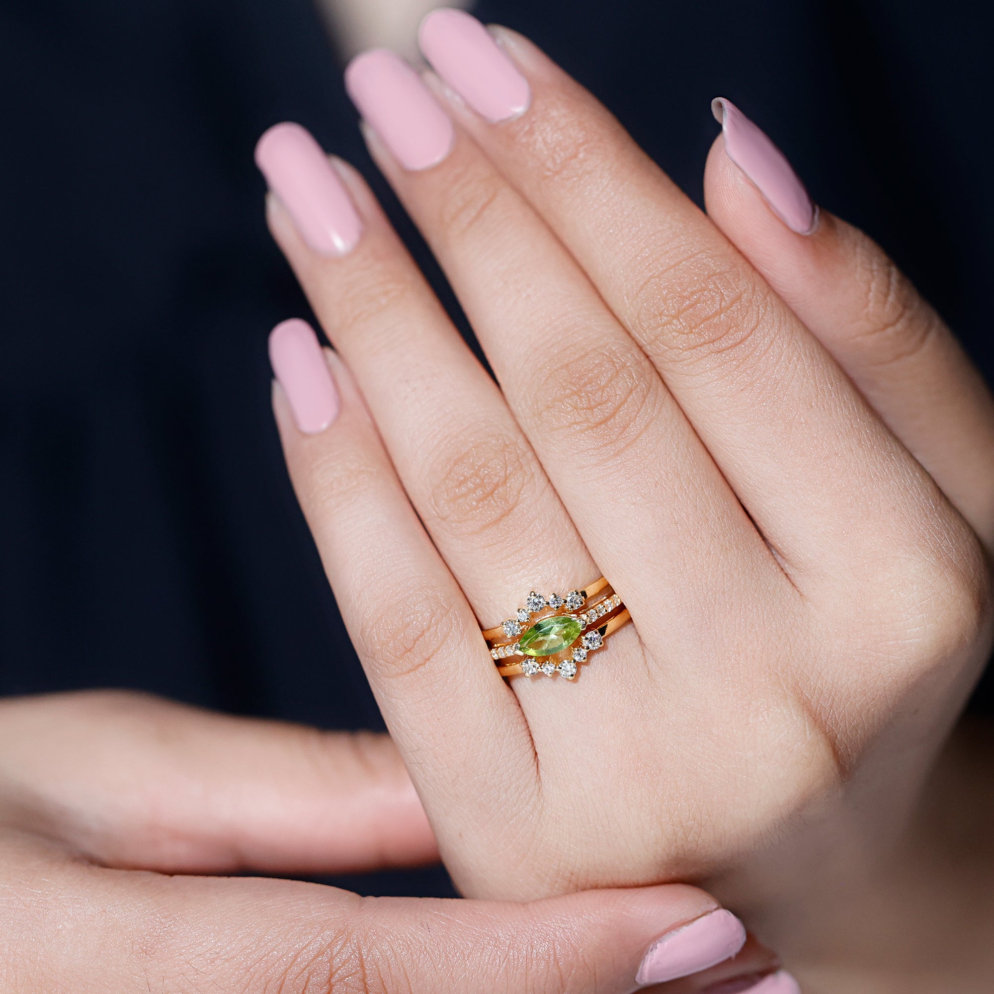 Rosec Jewels-East West Style Peridot 3 Piece Bridal Ring Set with Diamond