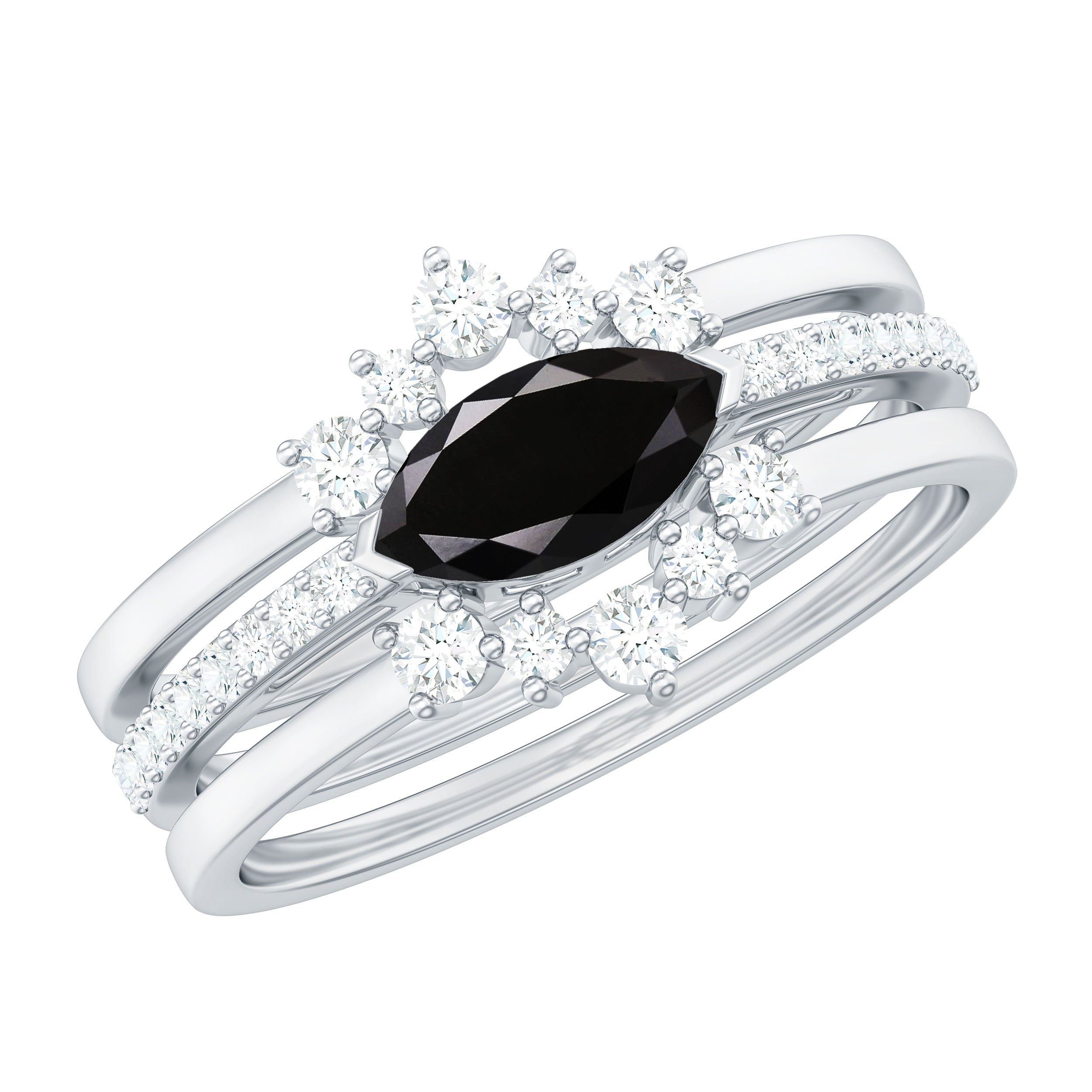 East West Set Black Onyx and Diamond Trio Wedding Ring Set AAA - Rosec Jewels