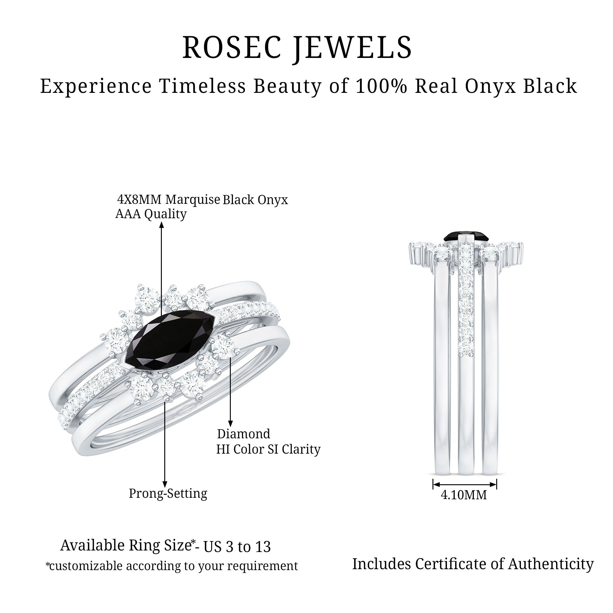 East West Set Black Onyx and Diamond Trio Wedding Ring Set AAA - Rosec Jewels