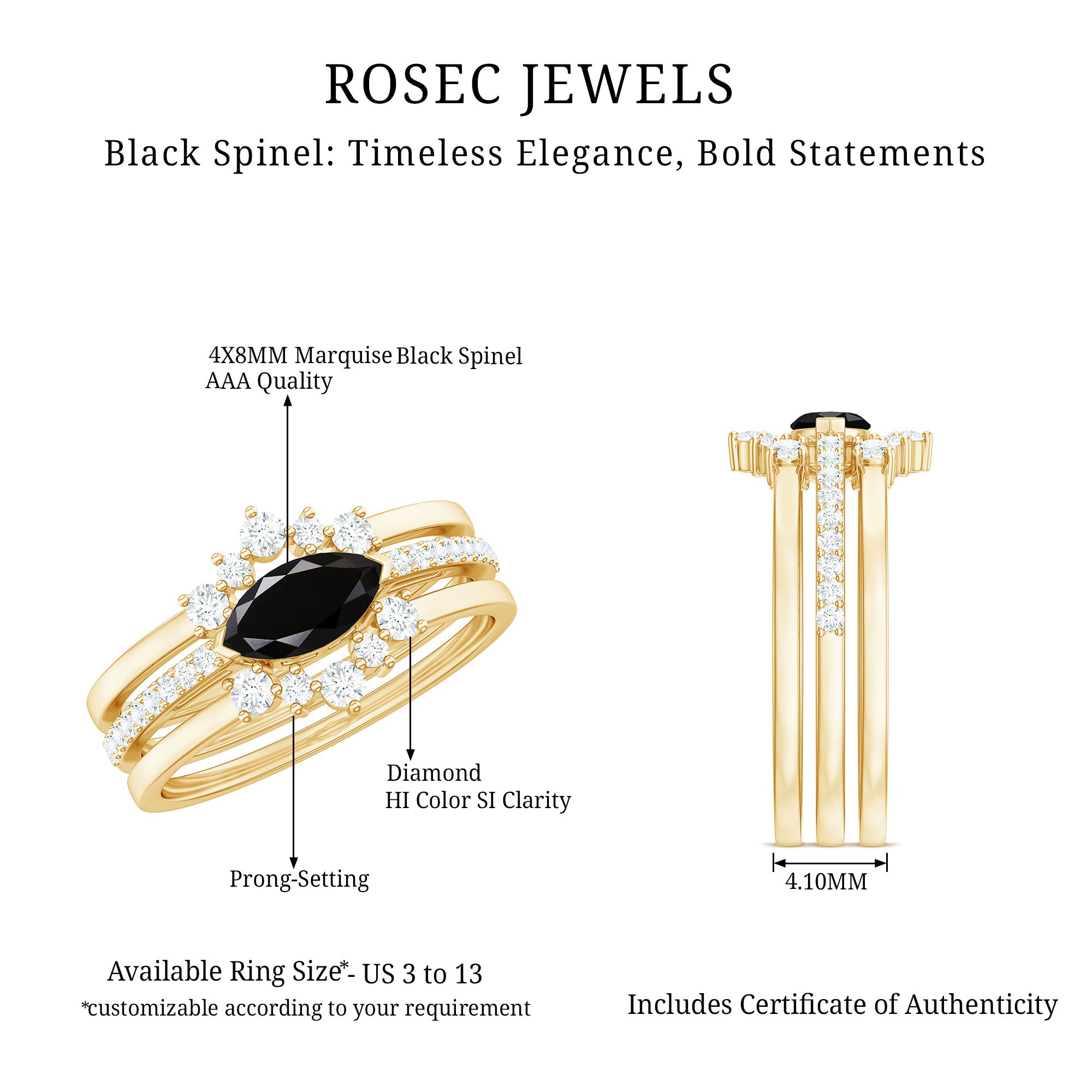 Rosec Jewels-Natural Marquise Black Spinel Diamond 3 Piece Bridal Ring Set