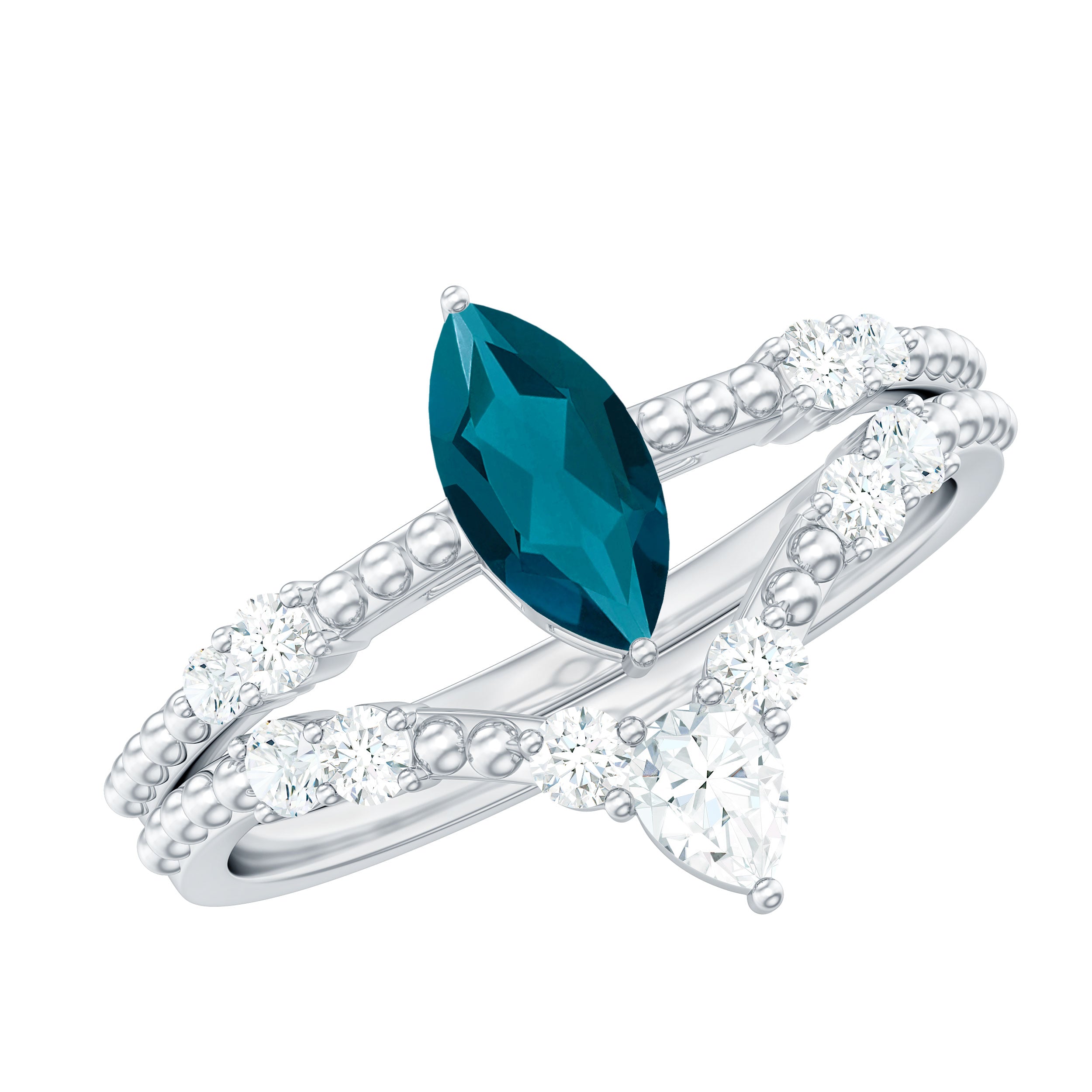 Rosec Jewels-London Blue Topaz and Diamond Wedding Ring Set with Beaded Details