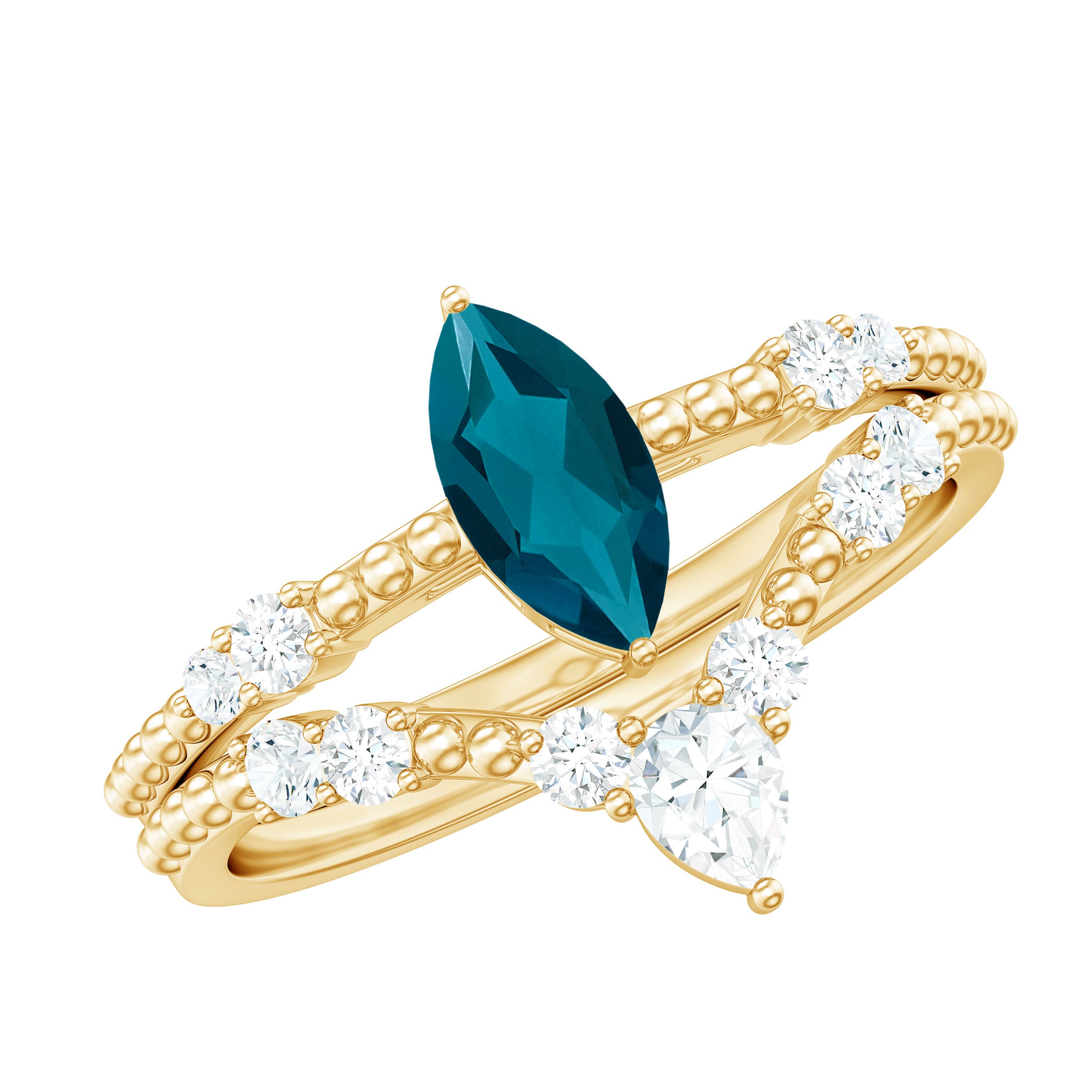 Rosec Jewels-London Blue Topaz and Diamond Wedding Ring Set with Beaded Details