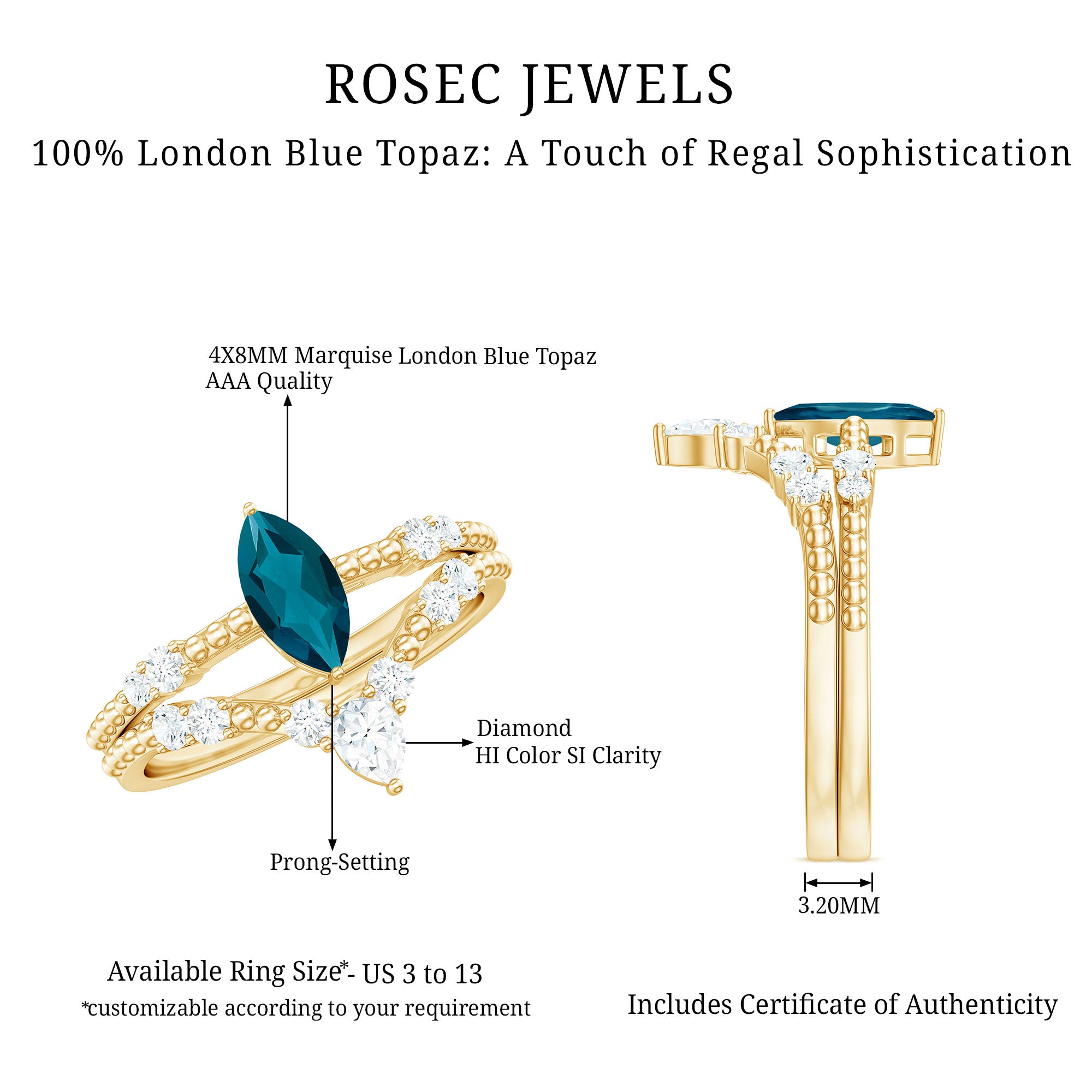 Rosec Jewels-London Blue Topaz and Diamond Wedding Ring Set with Beaded Details