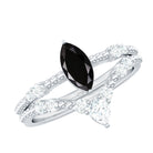 4x8mm Marquise Cut Black Onyx Solitaire Ring Set with Moissanite Band AAA - Rosec Jewels