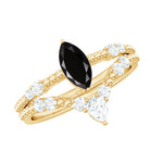4x8mm Marquise Cut Black Onyx Solitaire Ring Set with Moissanite Band AAA - Rosec Jewels