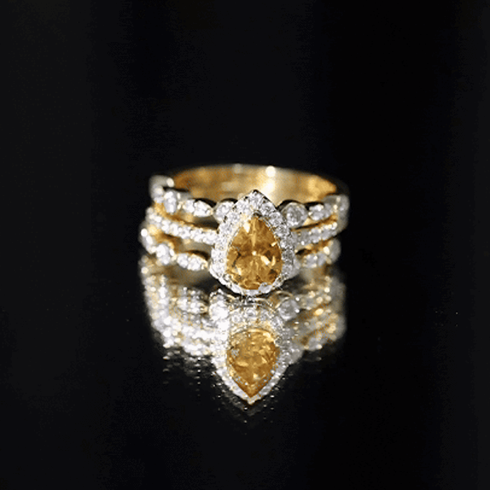 Rosec Jewels-Pear Cut Citrine Bridal Trio Ring Set with Moissanite Band